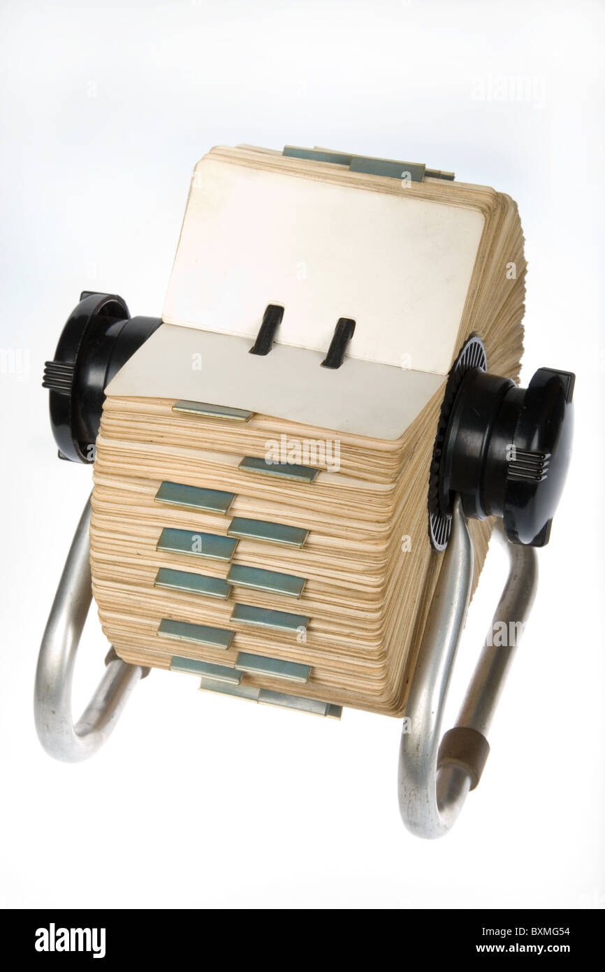 Vintage rotary card file holder with blank tabs on white background