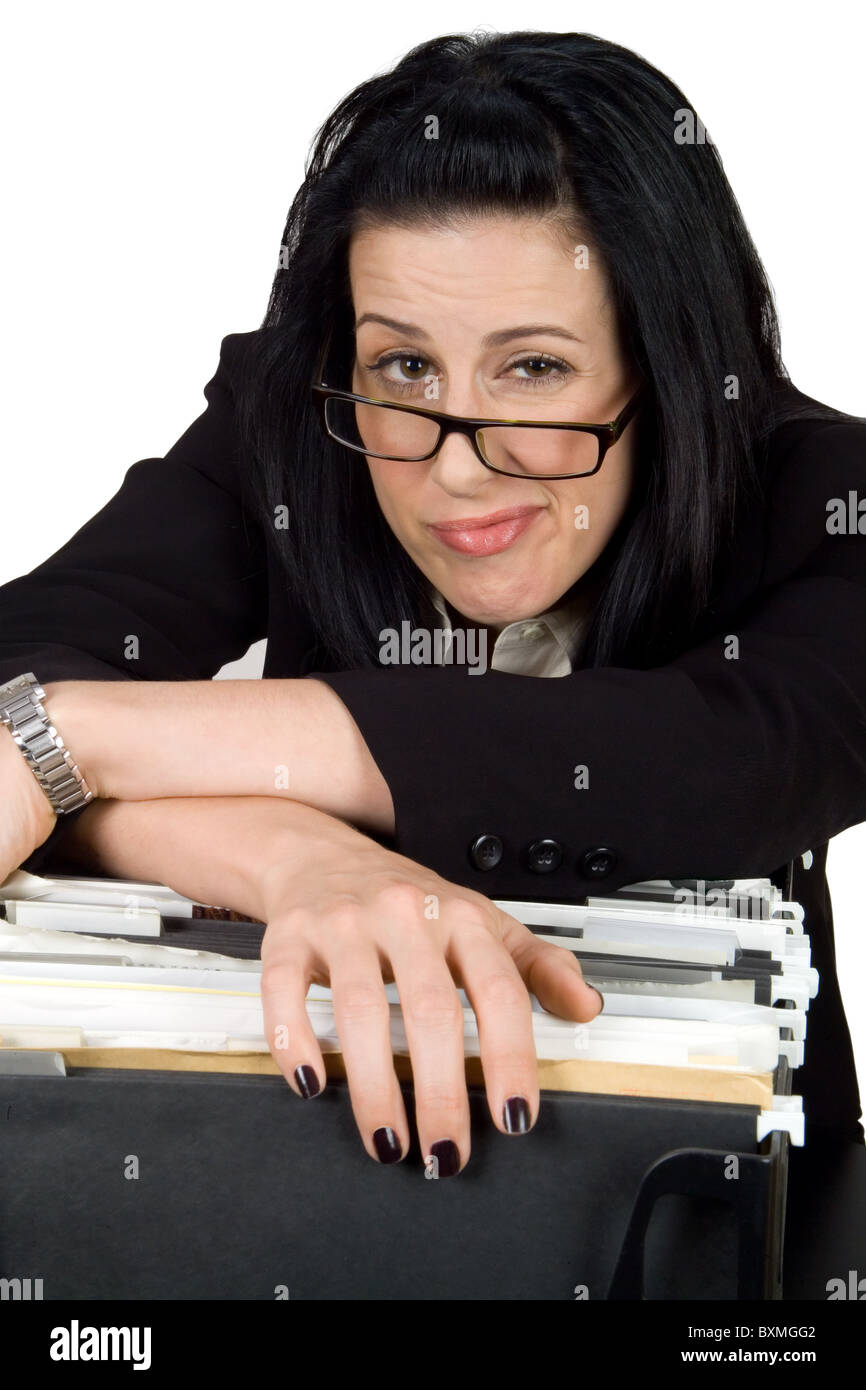 Female hanging over file crate looking exhausted Stock Photo - Alamy