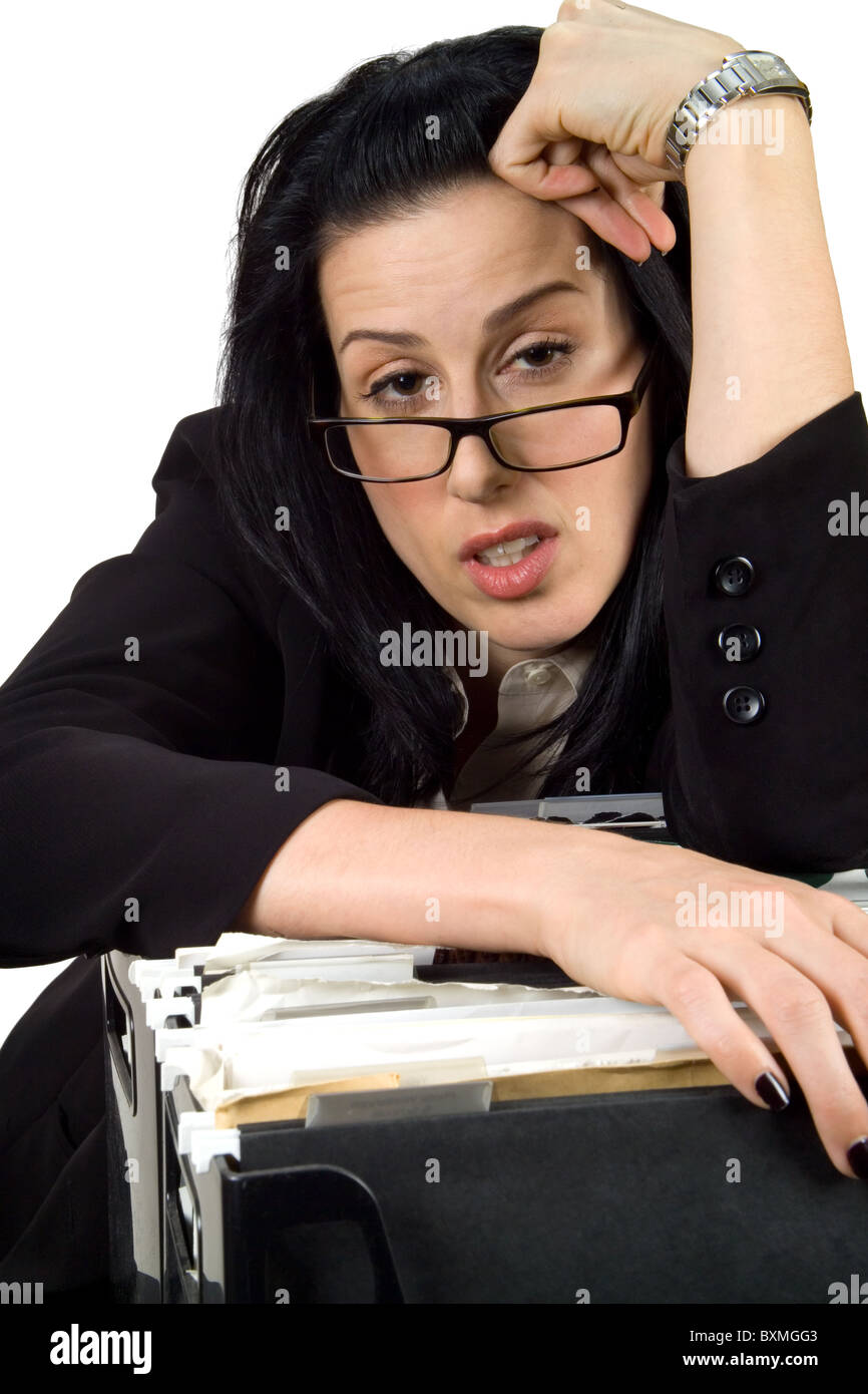 Female hanging over file crate looking exhausted Stock Photo - Alamy