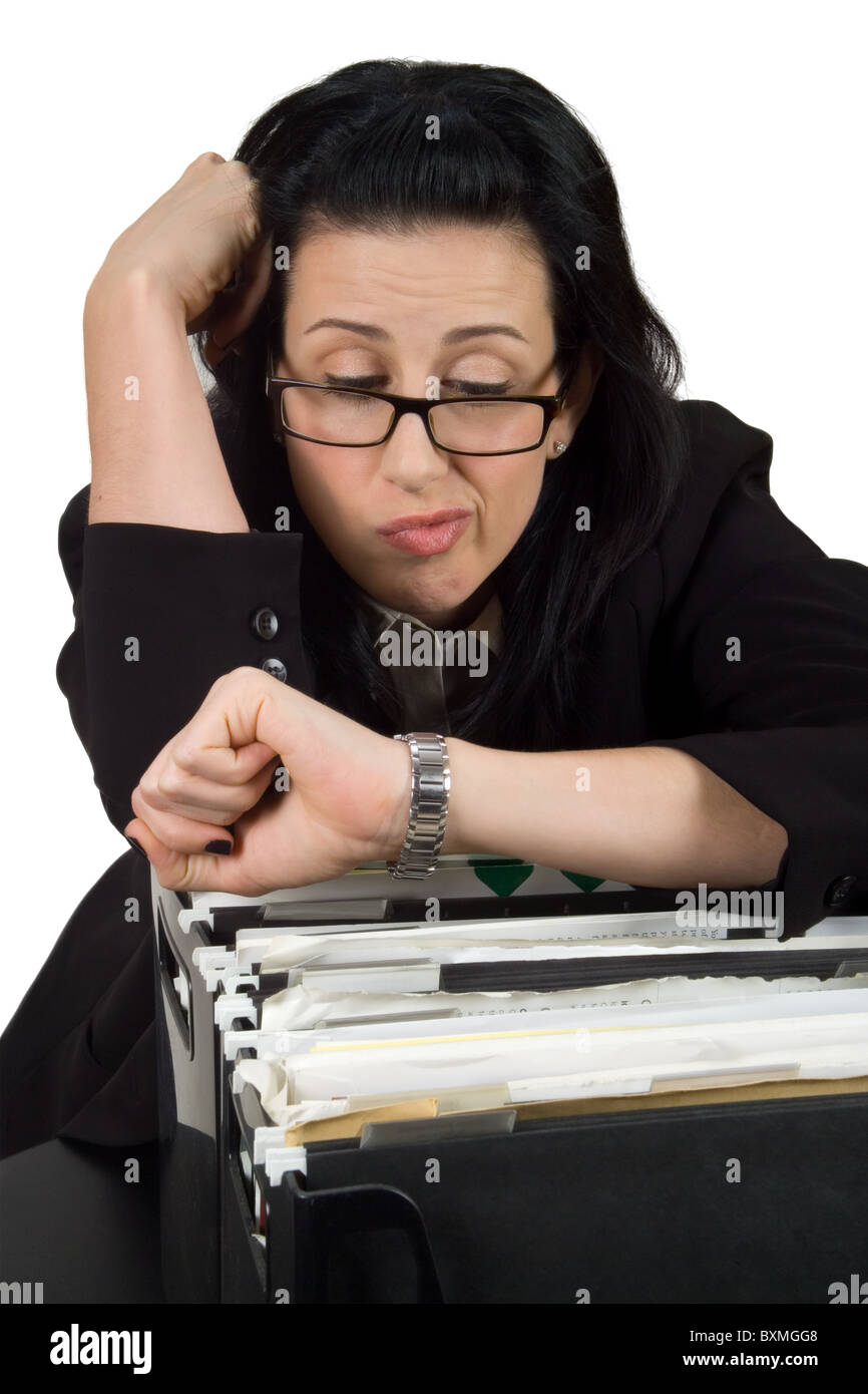 Female hanging over file crate looking at watch Stock Photo - Alamy