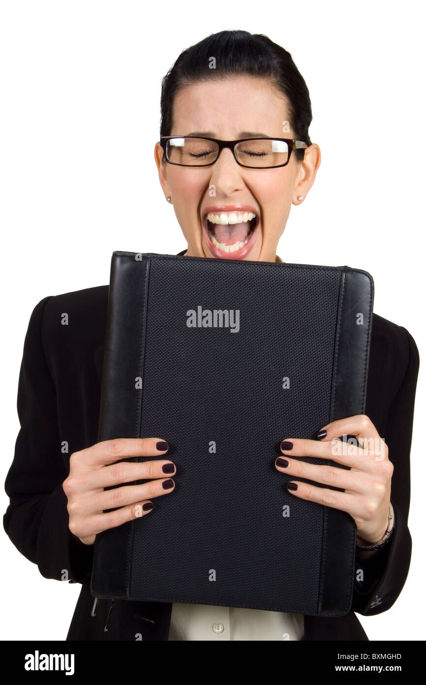 Female holding black briefcase screaming Stock Photo Alamy