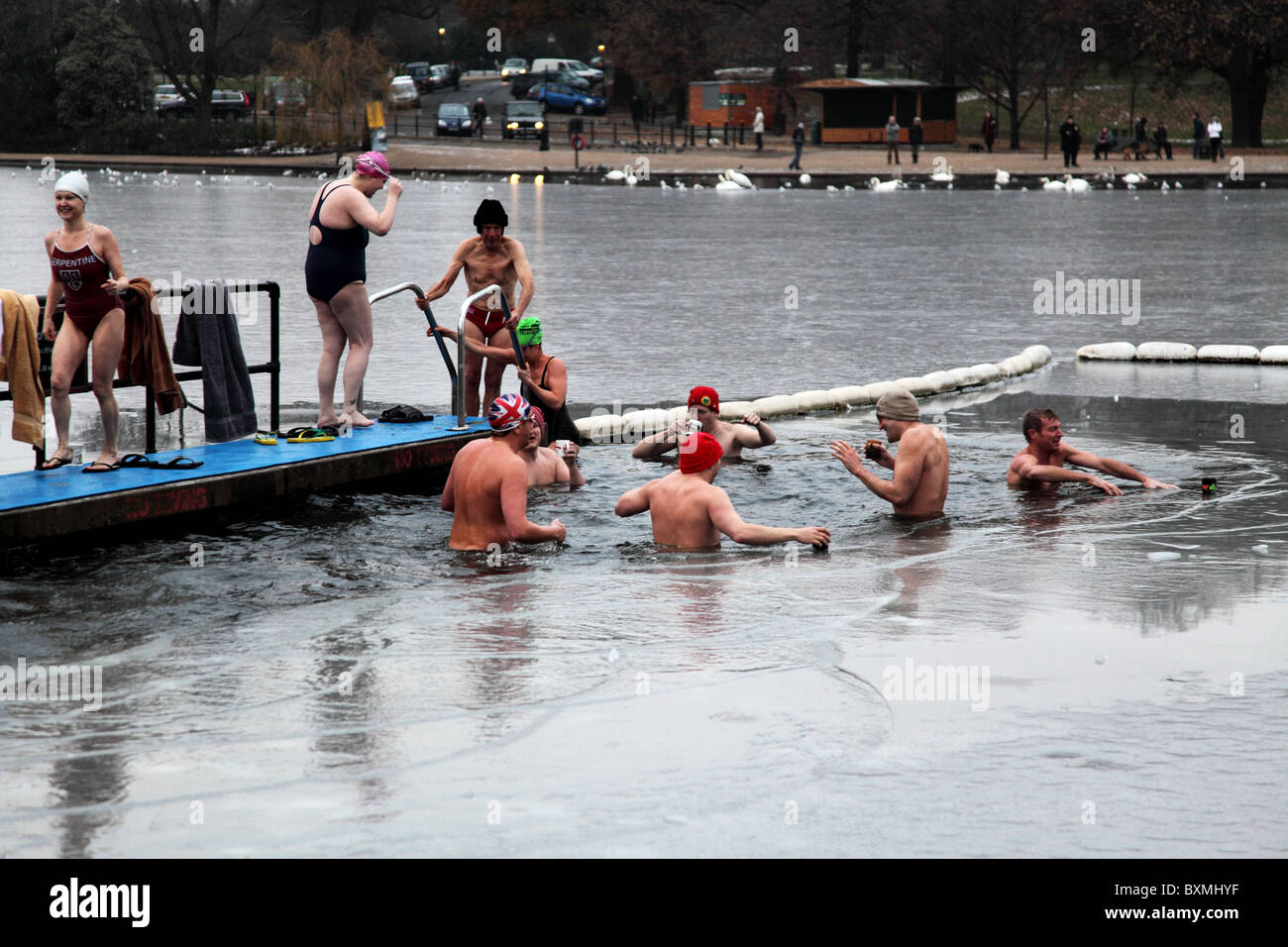 On Christmas Day 2010 at the Serpentine Swimming Club in Hyde Park, London. Stock Photo