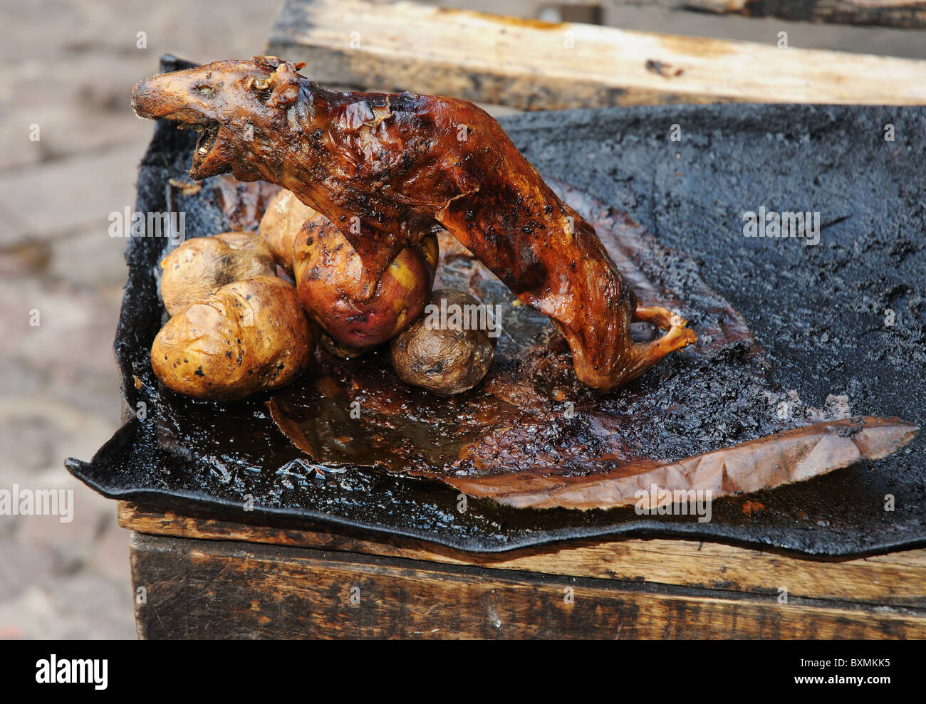 Roasted Guinea Pig with potatoes, a Peruvian delicacy. Stock Photo