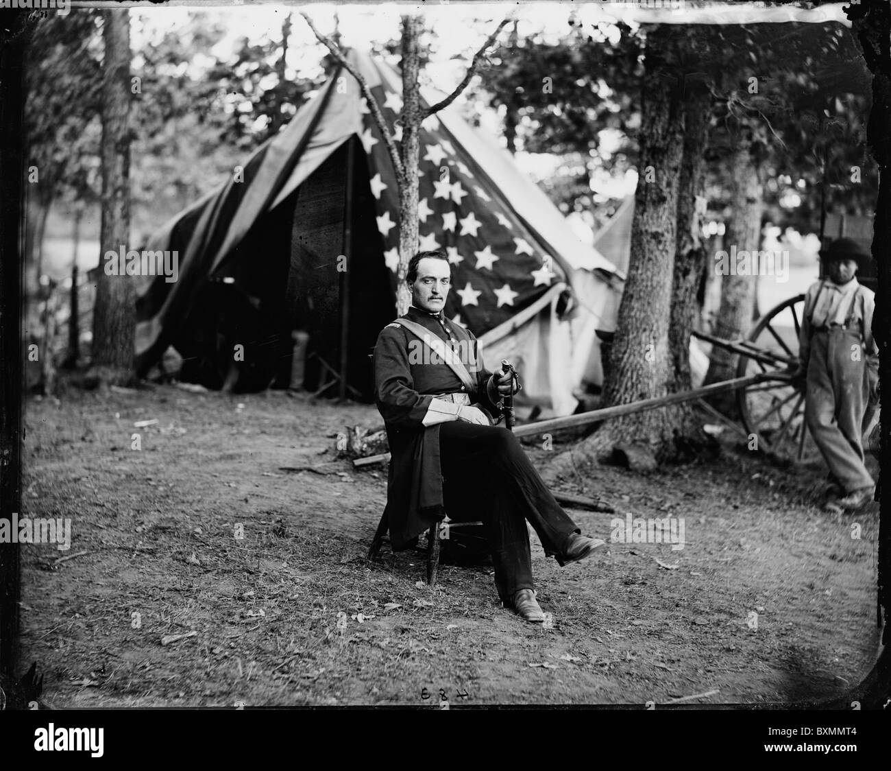 Bealeton, Virginia. Capt. Cunningham of Gen. T.F. Meagher's staff colors union army tent outdoors seated chair officer sitting Stock Photo