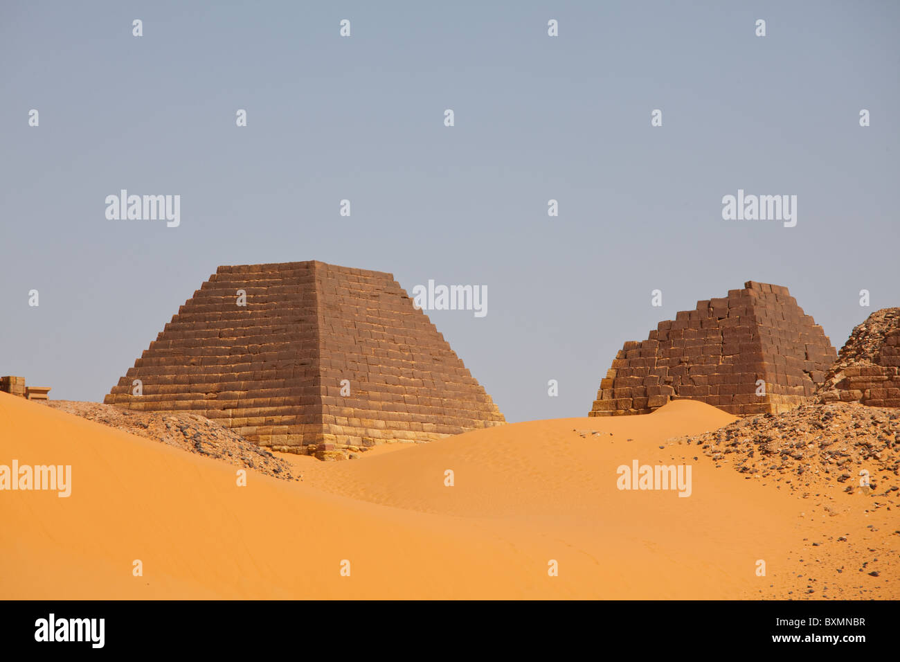 Pyramids in Nubian pharaohs and kings necropolis in Meroe ,Nubia, Sudan Stock Photo