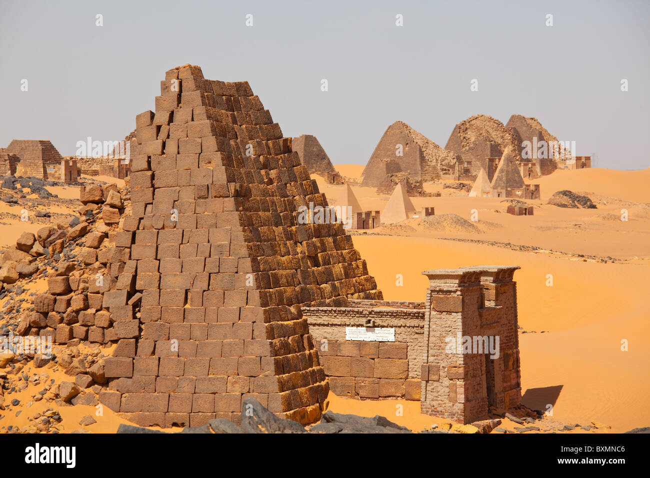 Pyramids in Nubian pharaohs and kings necropolis in Meroe ,Nubia, Sudan Stock Photo