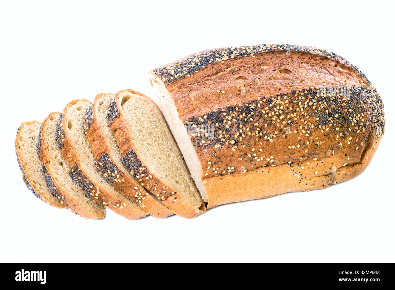loaf and slices of whole wheat bread isolated on white background Stock ...