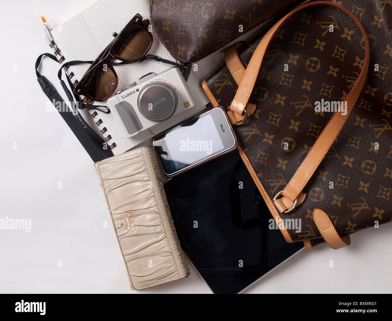 What in her bag/ handbag/ purse Stock Photo