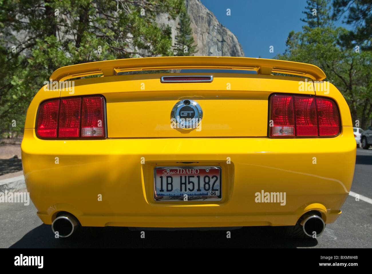 Yellow Ford Mustang at Yosemite National Park Stock Photo