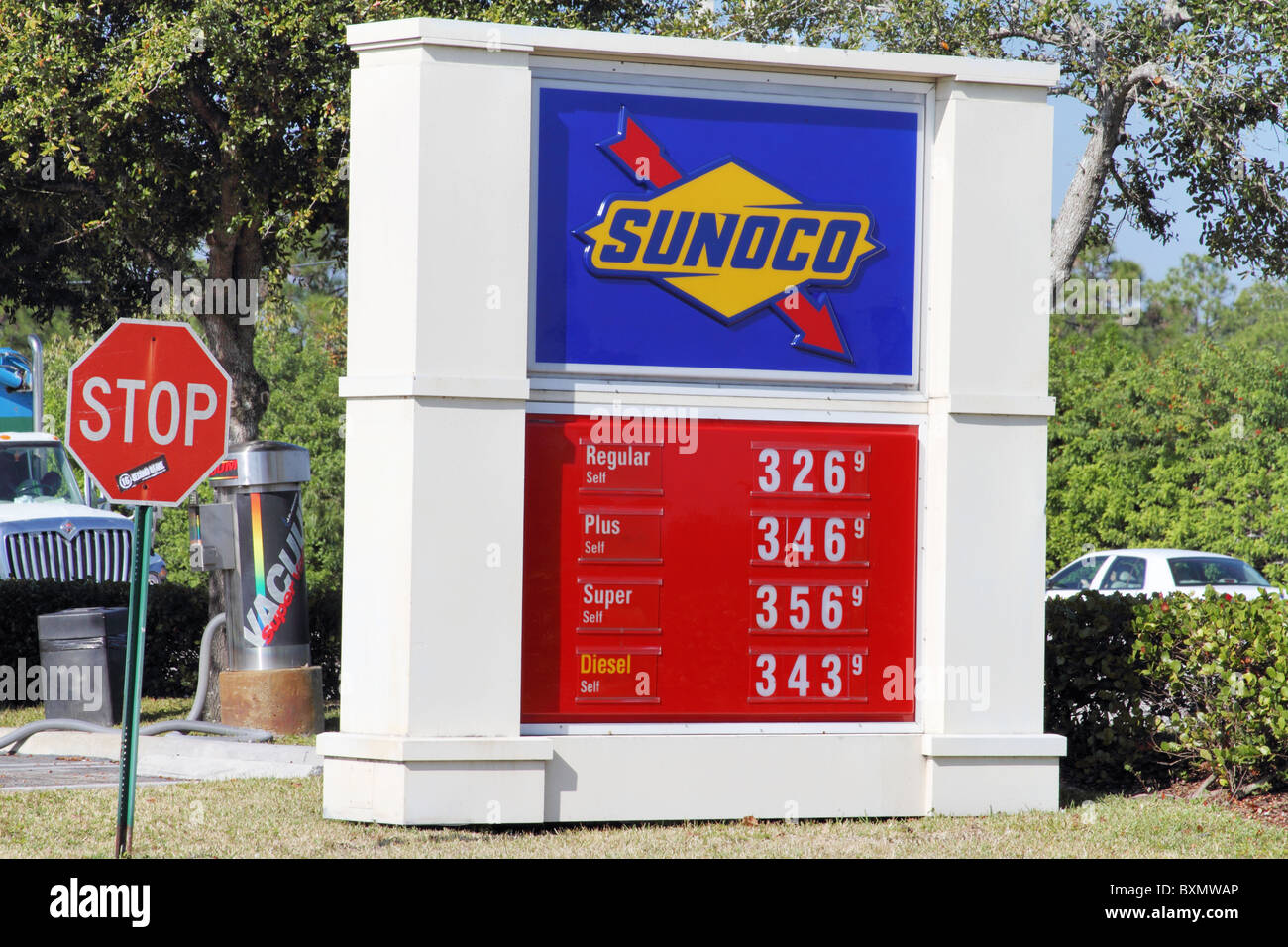 Sunoco gas station with gas prices on sign. West Palm Beach, FL, USA. December 23, 2010. Stock Photo