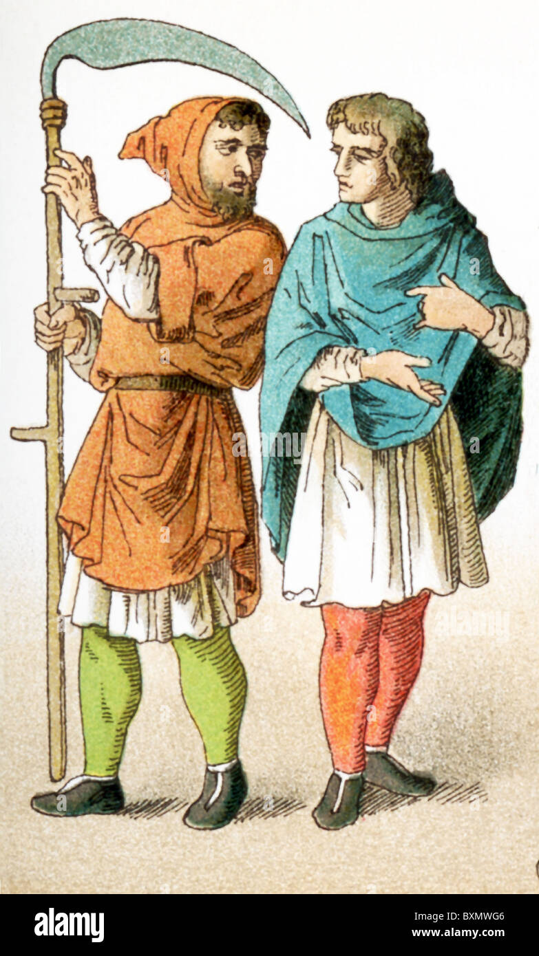 The figures represent two French peasants around A.D. 1100. The illustration dates to 1882. Stock Photo