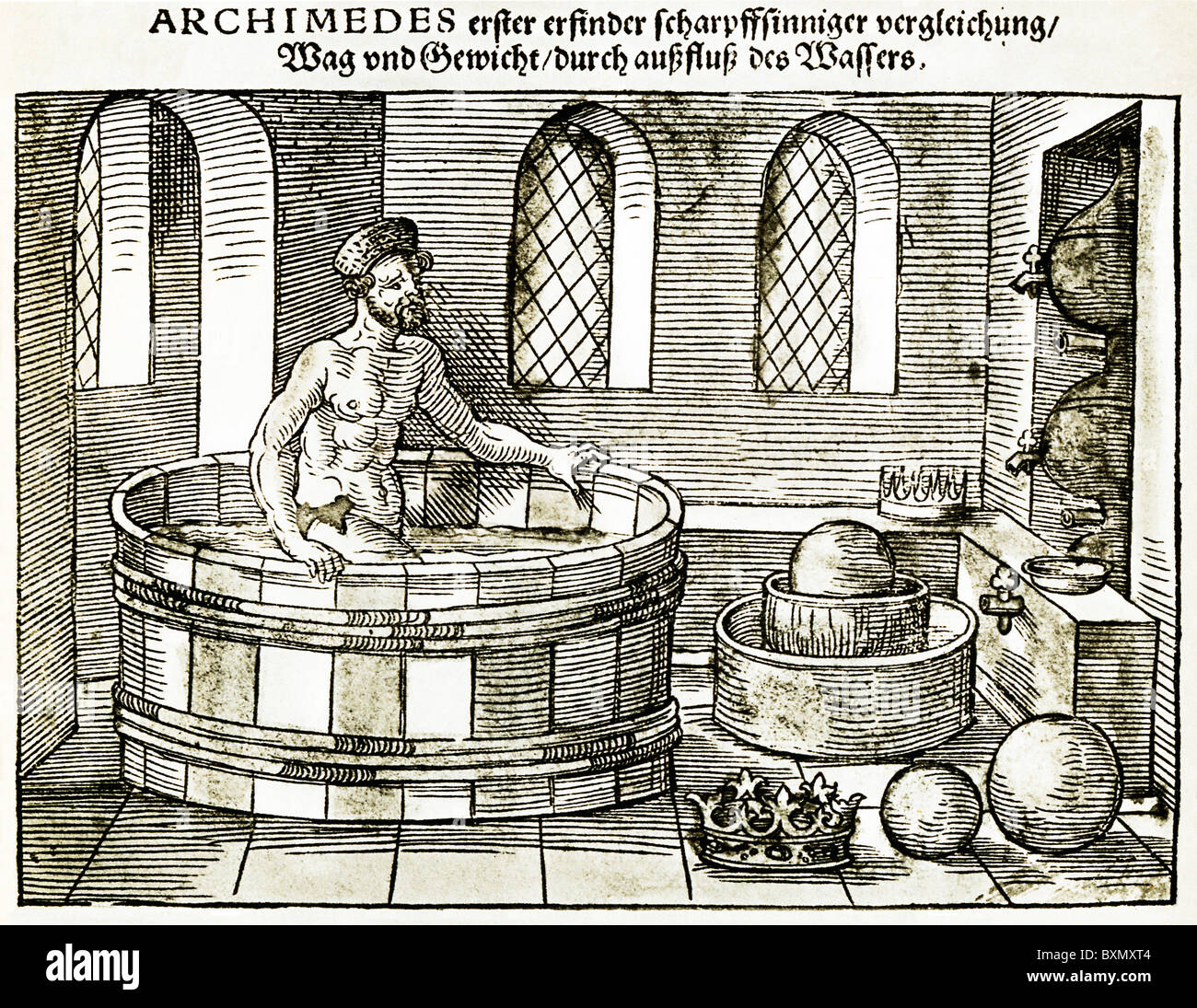 Archimedes, Eureka, in his bath as he works out the theory of displacement in this 16th Century German engraving Stock Photo