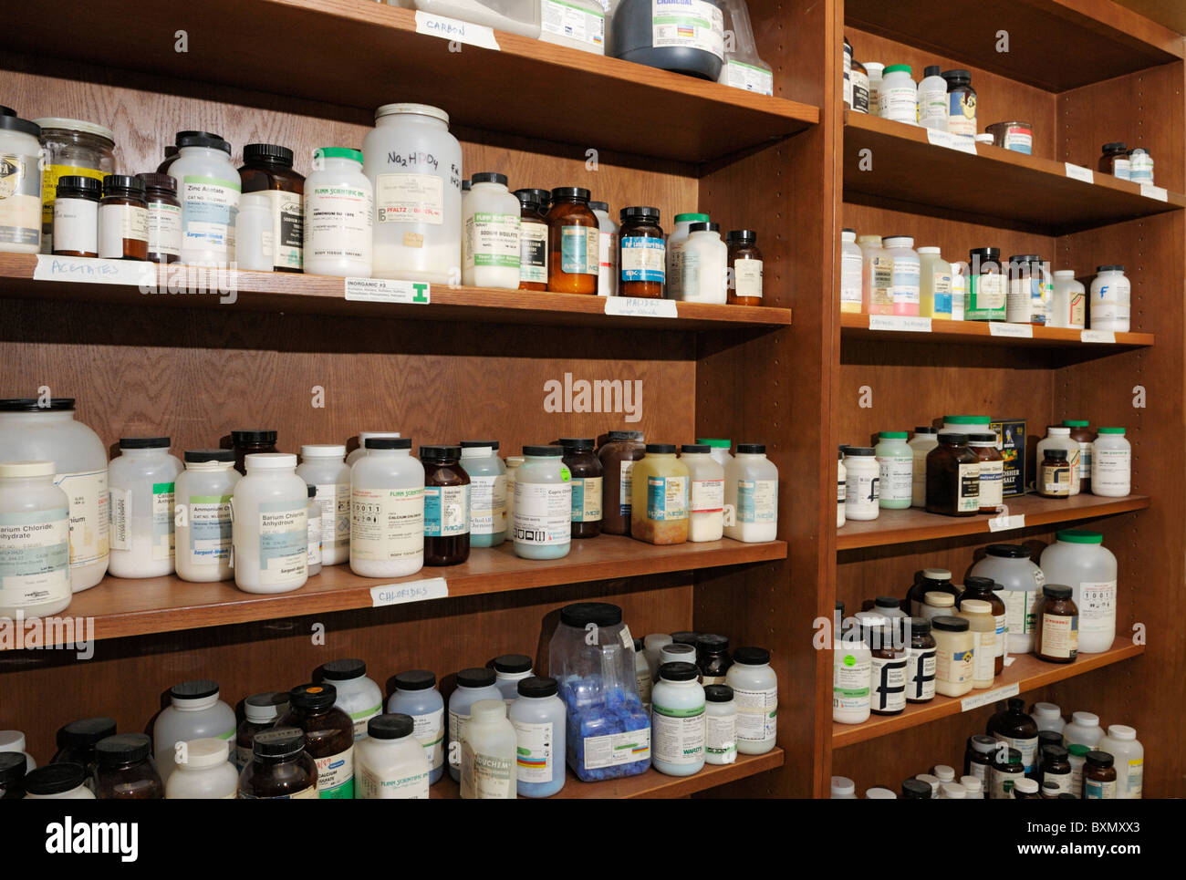 Chemical storage for a high school chemistry laboratory Stock Photo