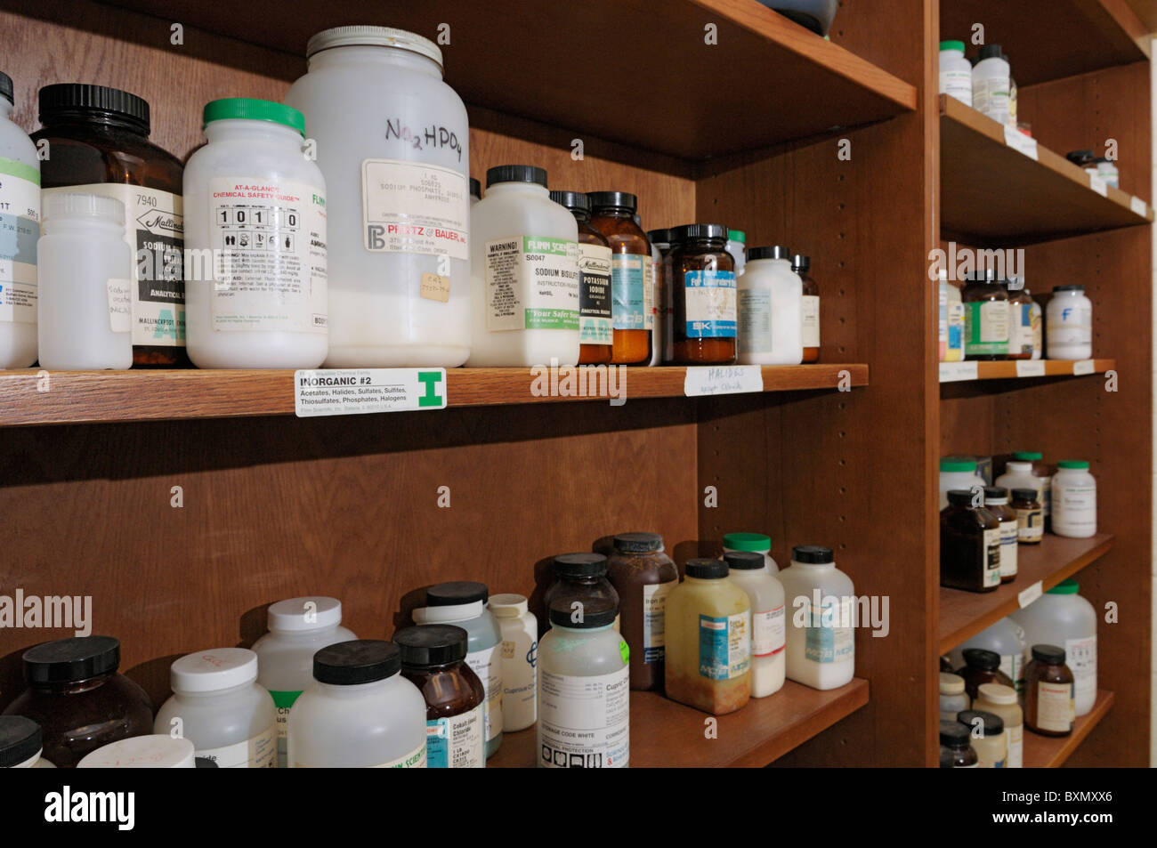 Chemical storage for a high school chemistry laboratory Stock Photo