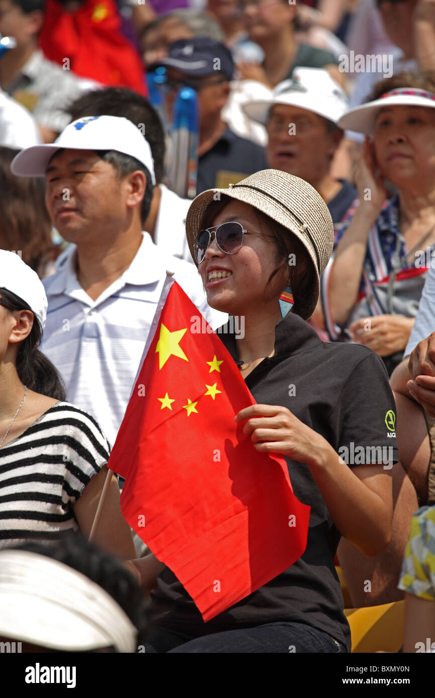 Chinese woman with national flag, Beach Volleyball Finals, Beijing ...