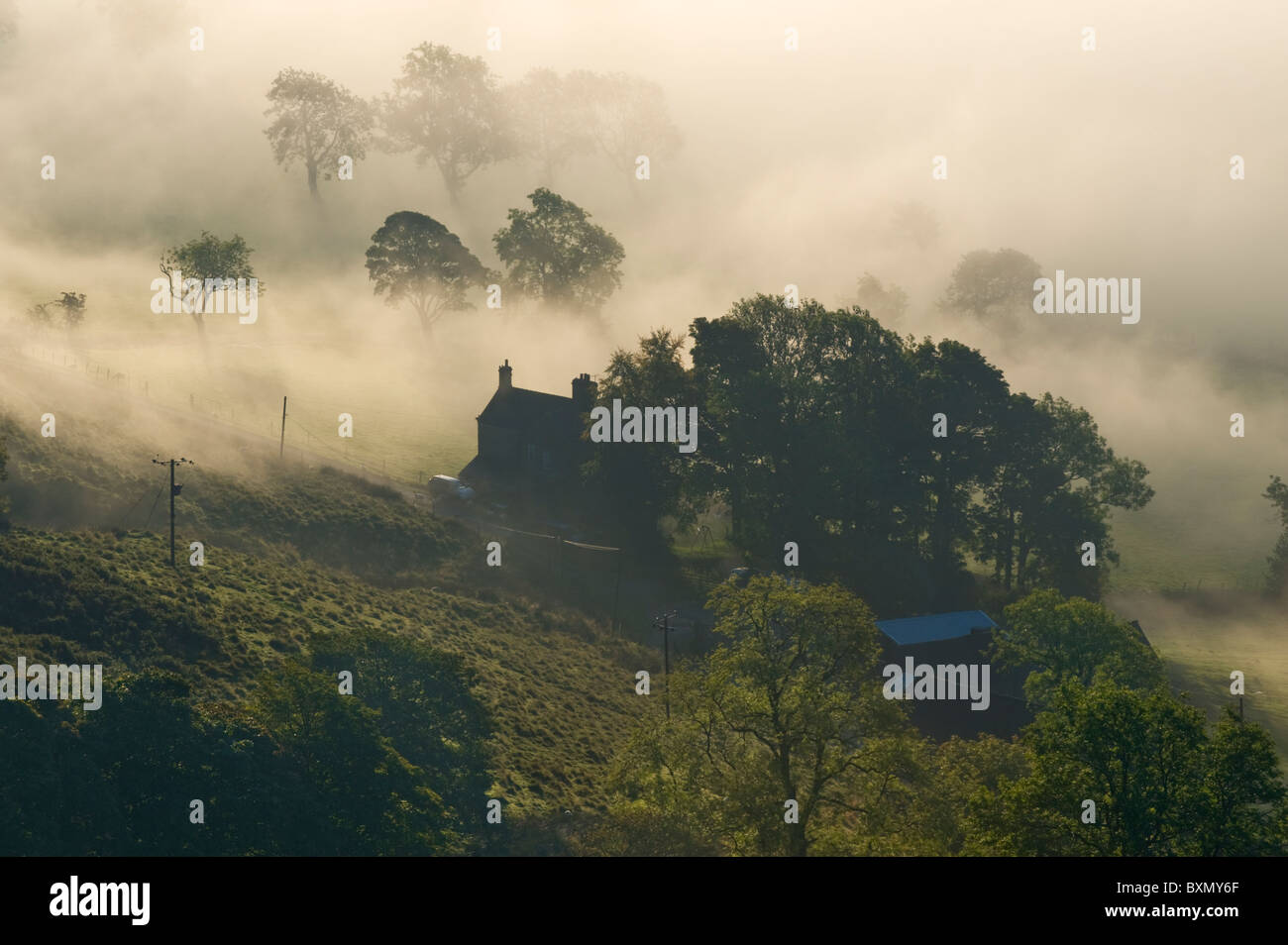 Foggy Morning at Mam Farm, Hope Valley, Peak District National Park, Derbyshire, England, UK Stock Photo
