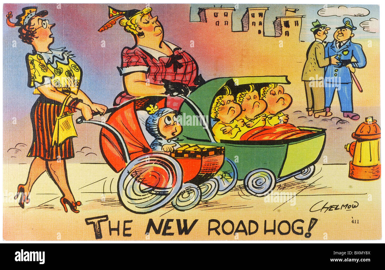 Vintage comic post card by Chelmow of two women pushing strollers ...