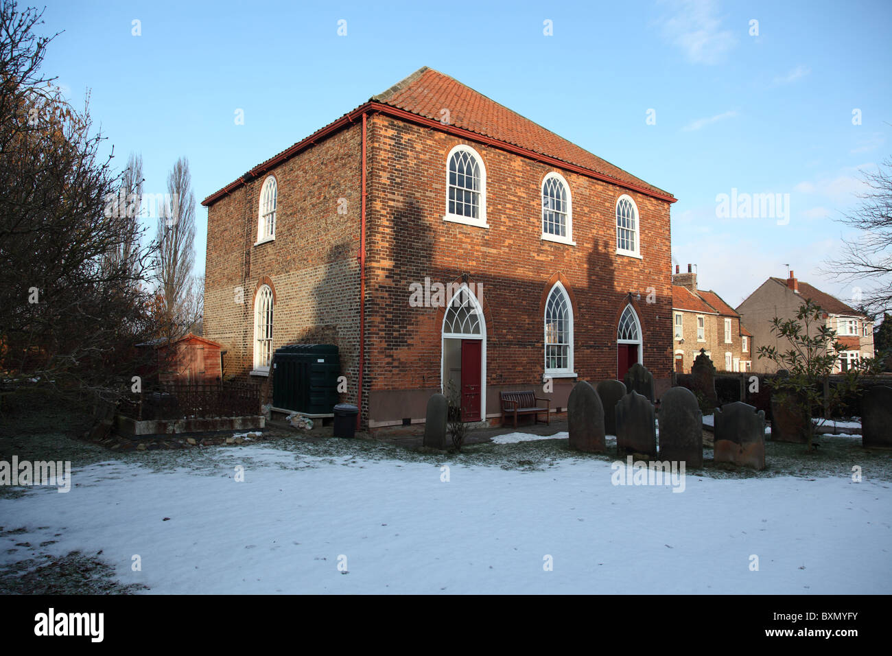 winter scene of Wesleyan chapel in Newport, village, east Yorkshire
