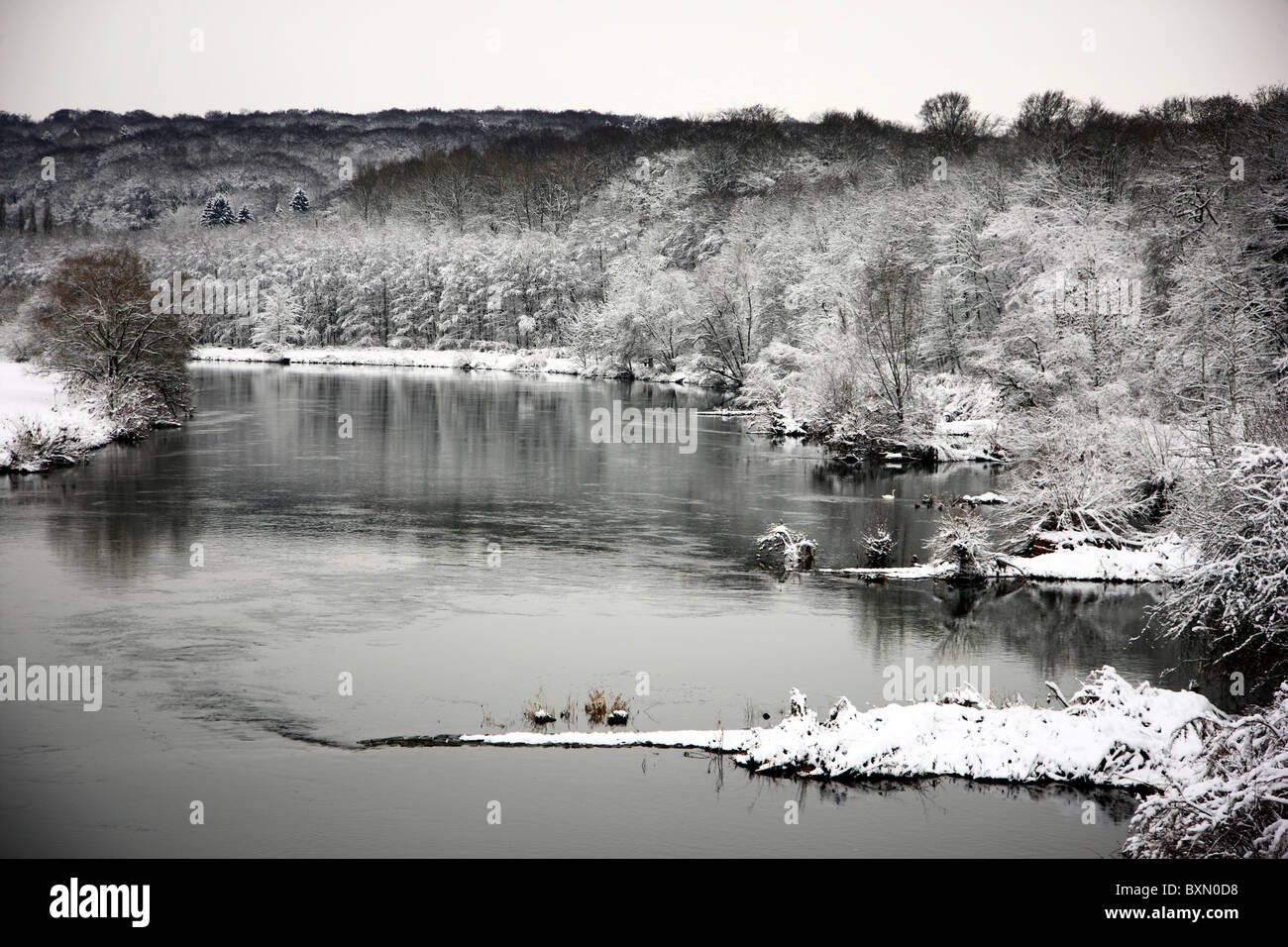 Wintertime, river Ruhr, snowy, Essen, Germany. Stock Photo