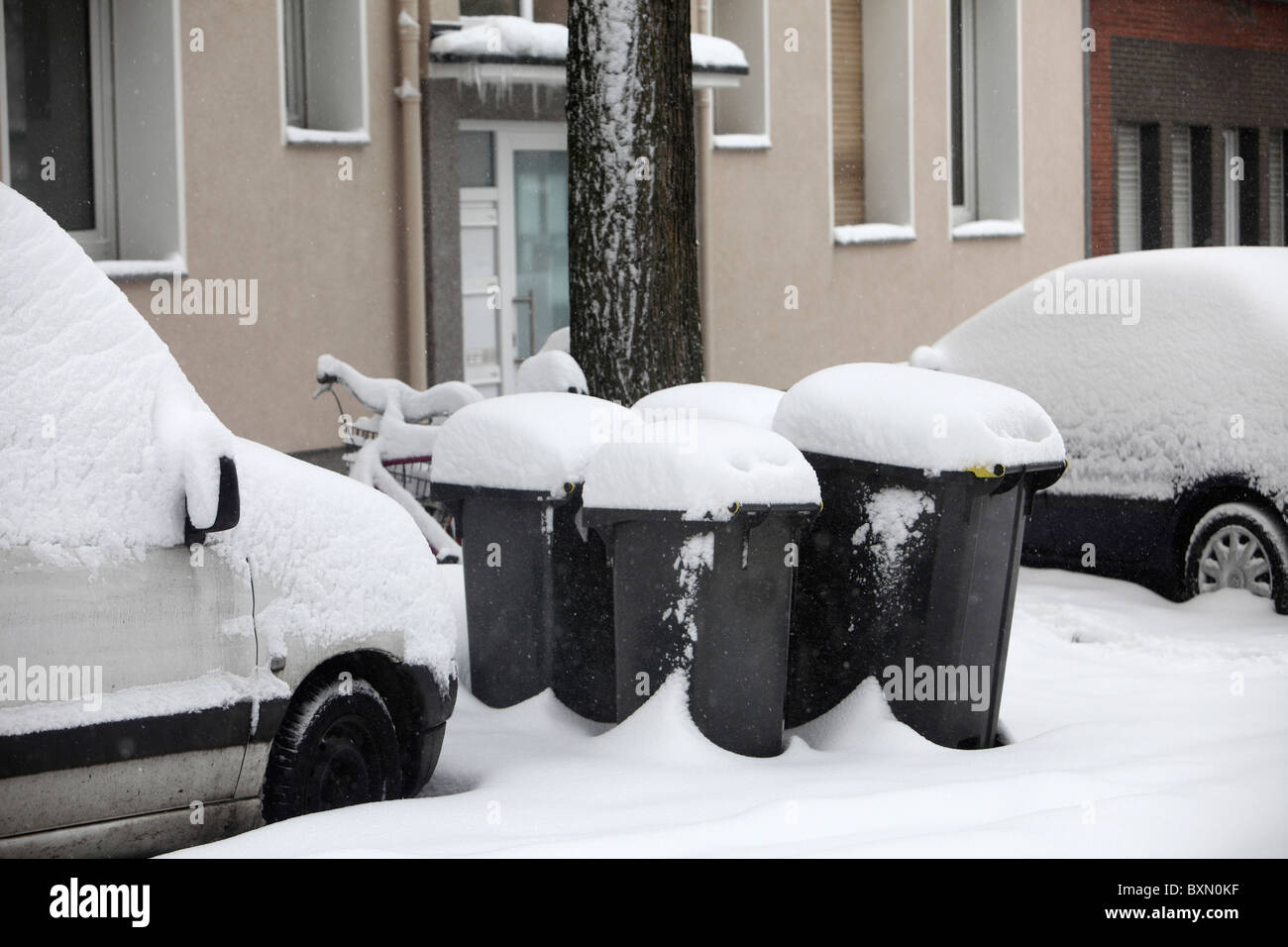 Snow covered garbage bins, full, waiting for rubbish collection. Stock Photo