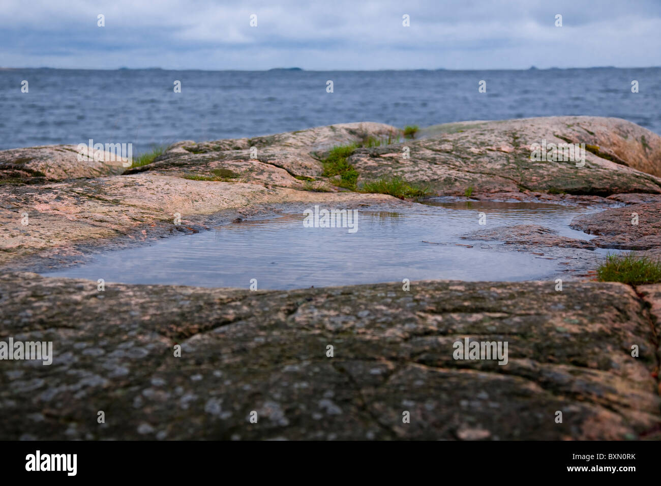 Puddle on a pink rock in the "Archipelago of Stockholm", Sweden. Stock Photo