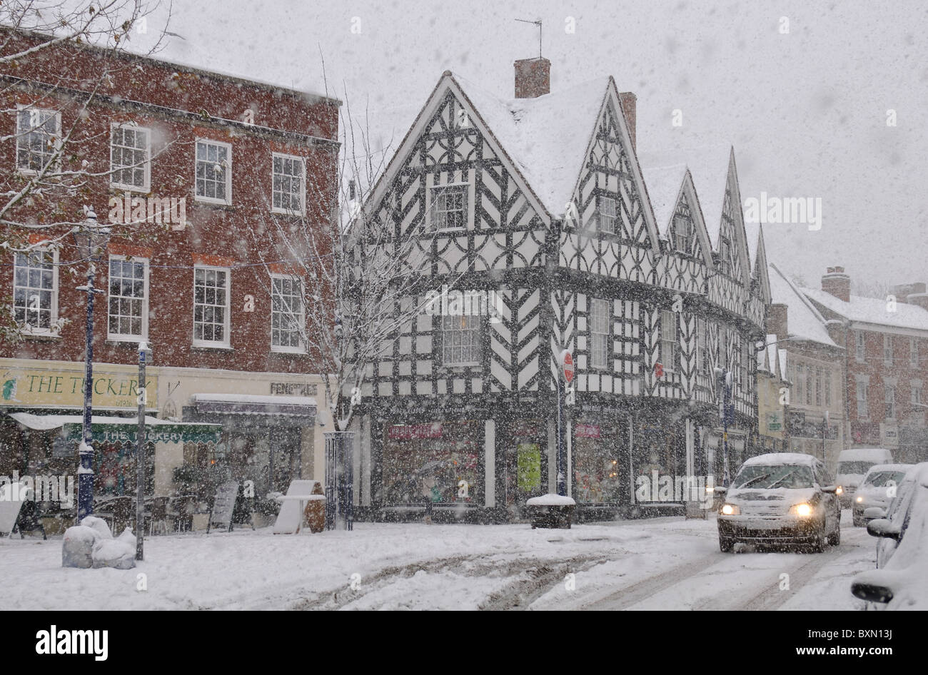 Warwick town centre during heavy snowfall Stock Photo