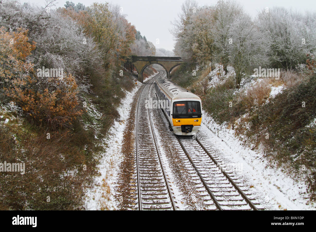 Chiltern Railways winter snow Buckinghamshire rail transport railway train Stock Photo