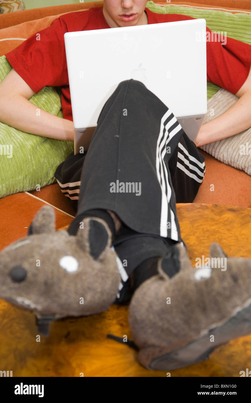 Teenage boy with MacBook in a sofa. Stock Photo