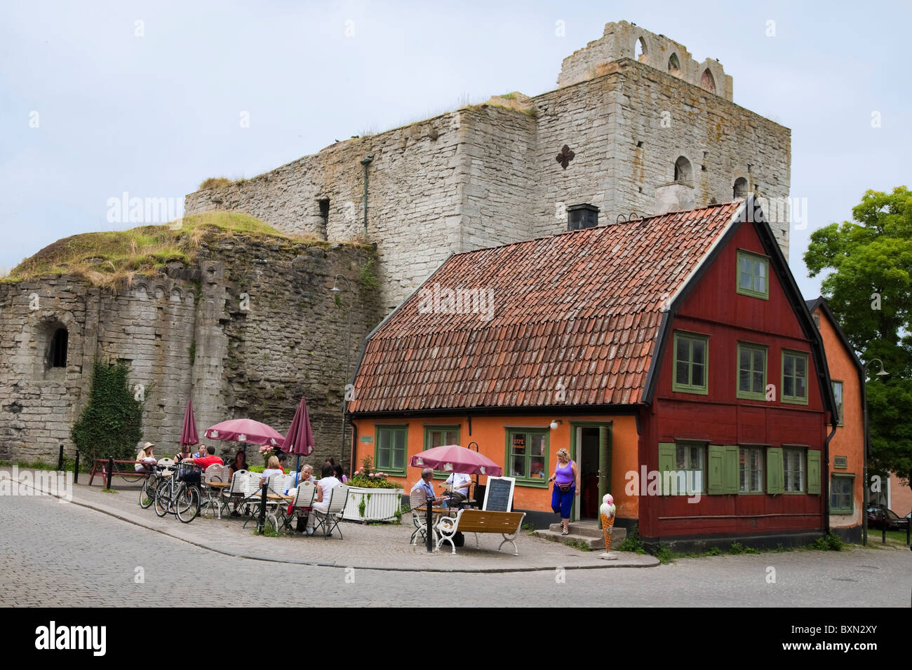 Cafe next to church ruin in Unesco World Heritage town Visby, Gotland, Sweden. Stock Photo