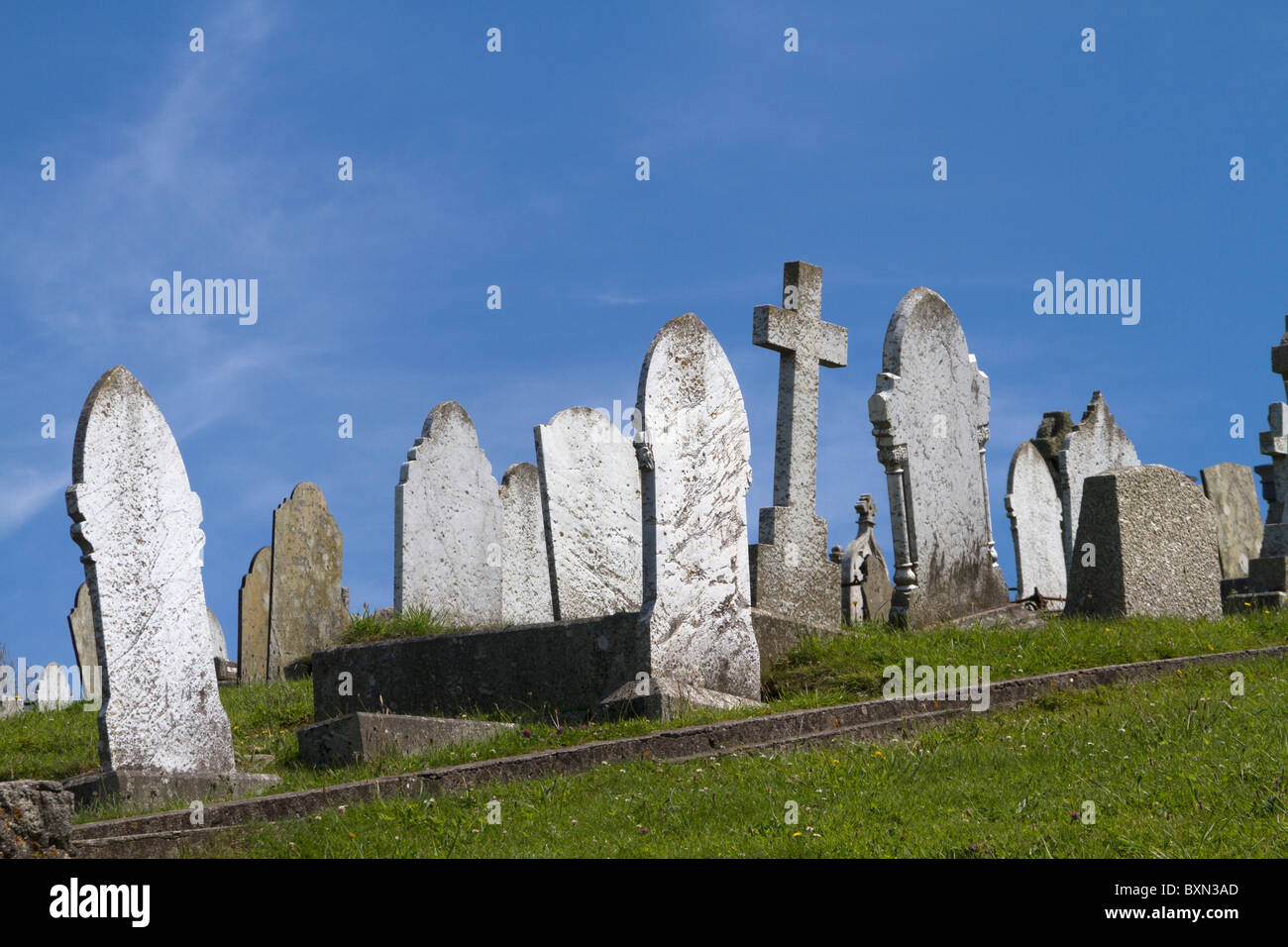 Gravestones and monuments at Barnoon cemetery, St. Ives, Cornwall, UK
