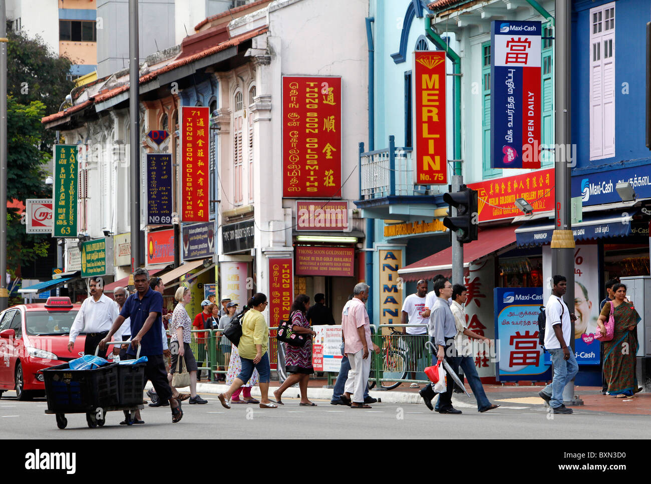 Singapore: street in Little India Quarter Stock Photo