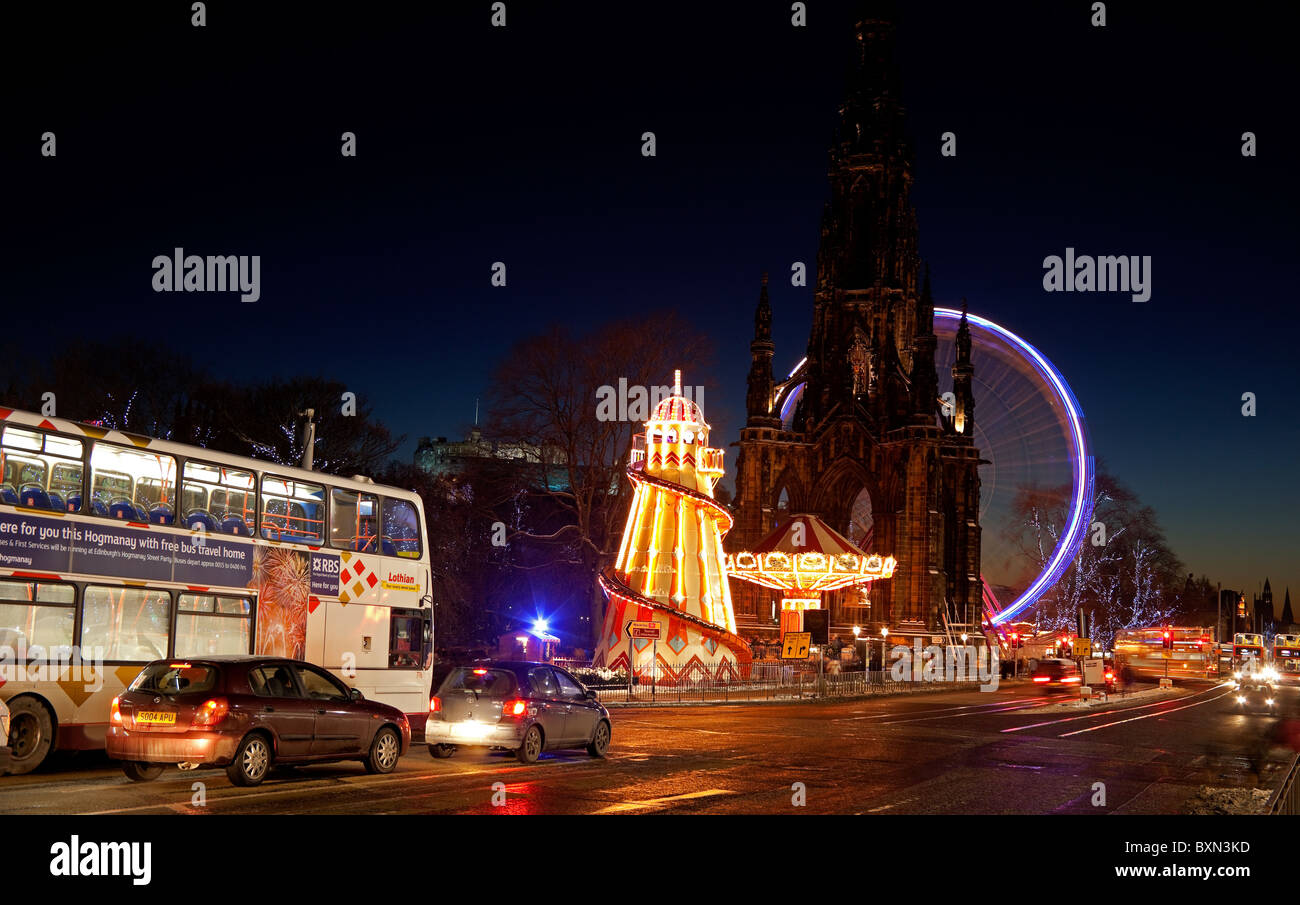 Big ferris wheel and fun fair, Princes Street, Edinburgh during winter festivities Scotland UK Europe Stock Photo