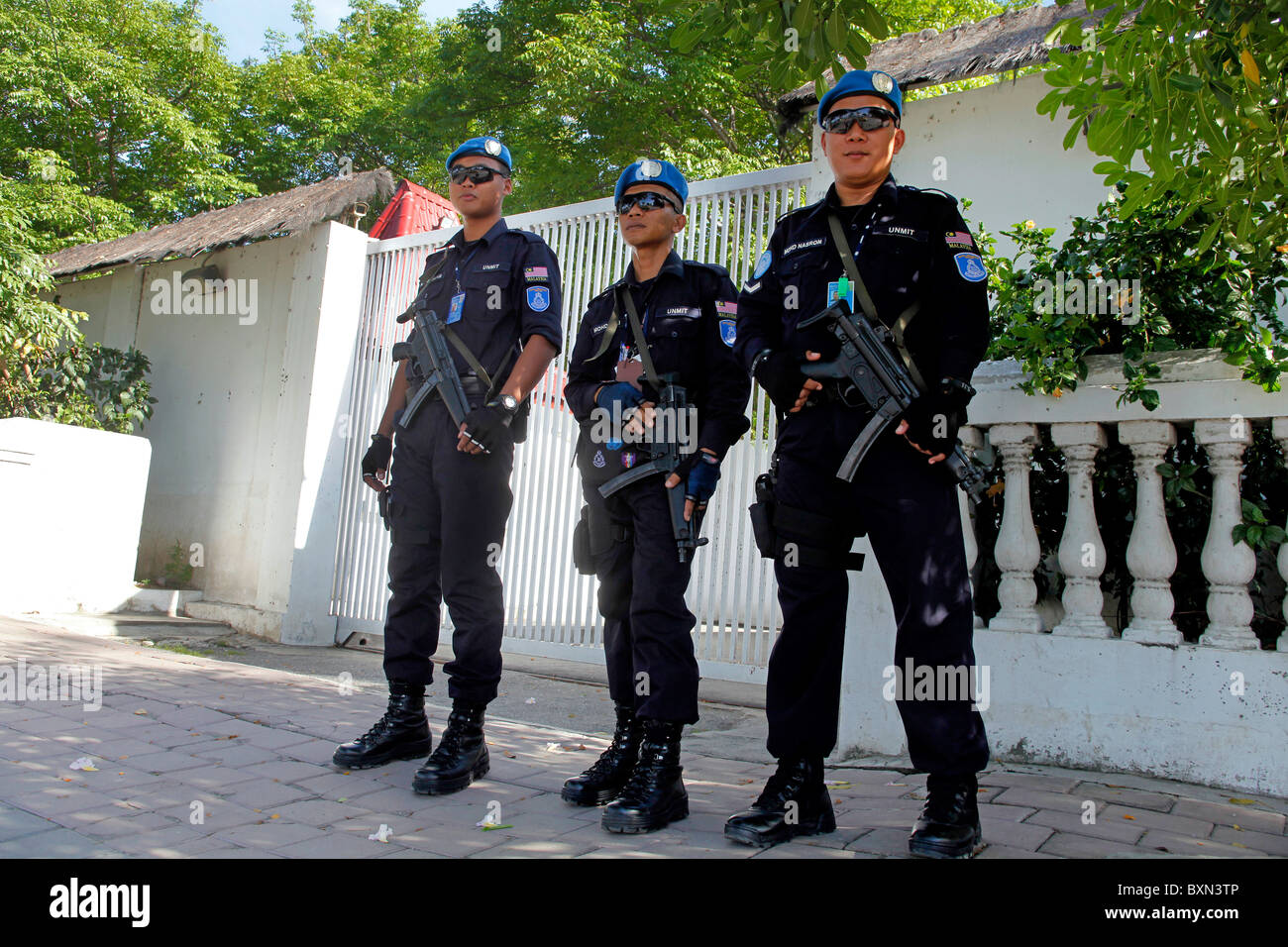 UN multinational Peace Keepers from Malaysia guarding the gate of the prime ministers home. Dili, Timor Leste (East Timor) Stock Photo