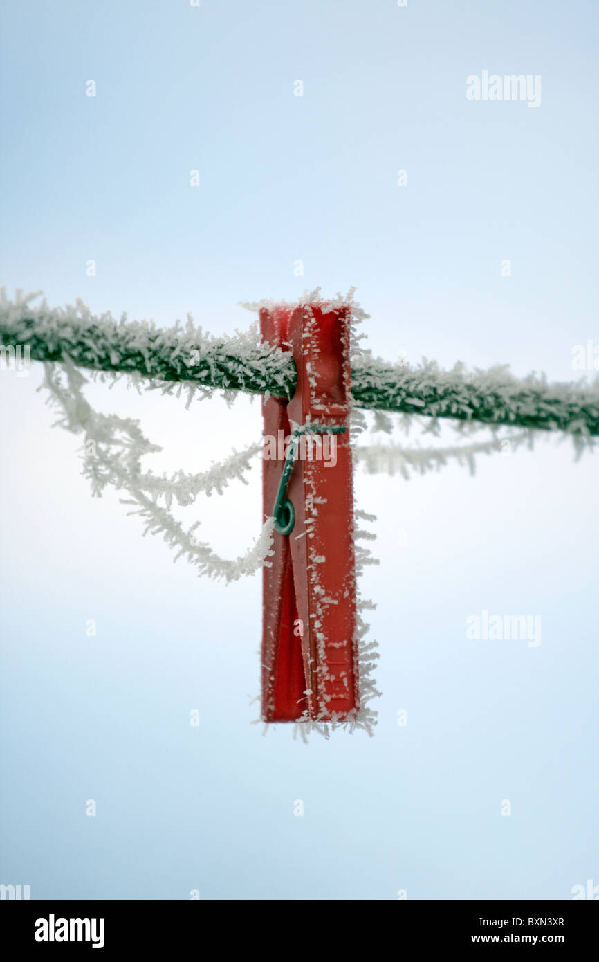 Frozen red peg on the wire. Stock Photo