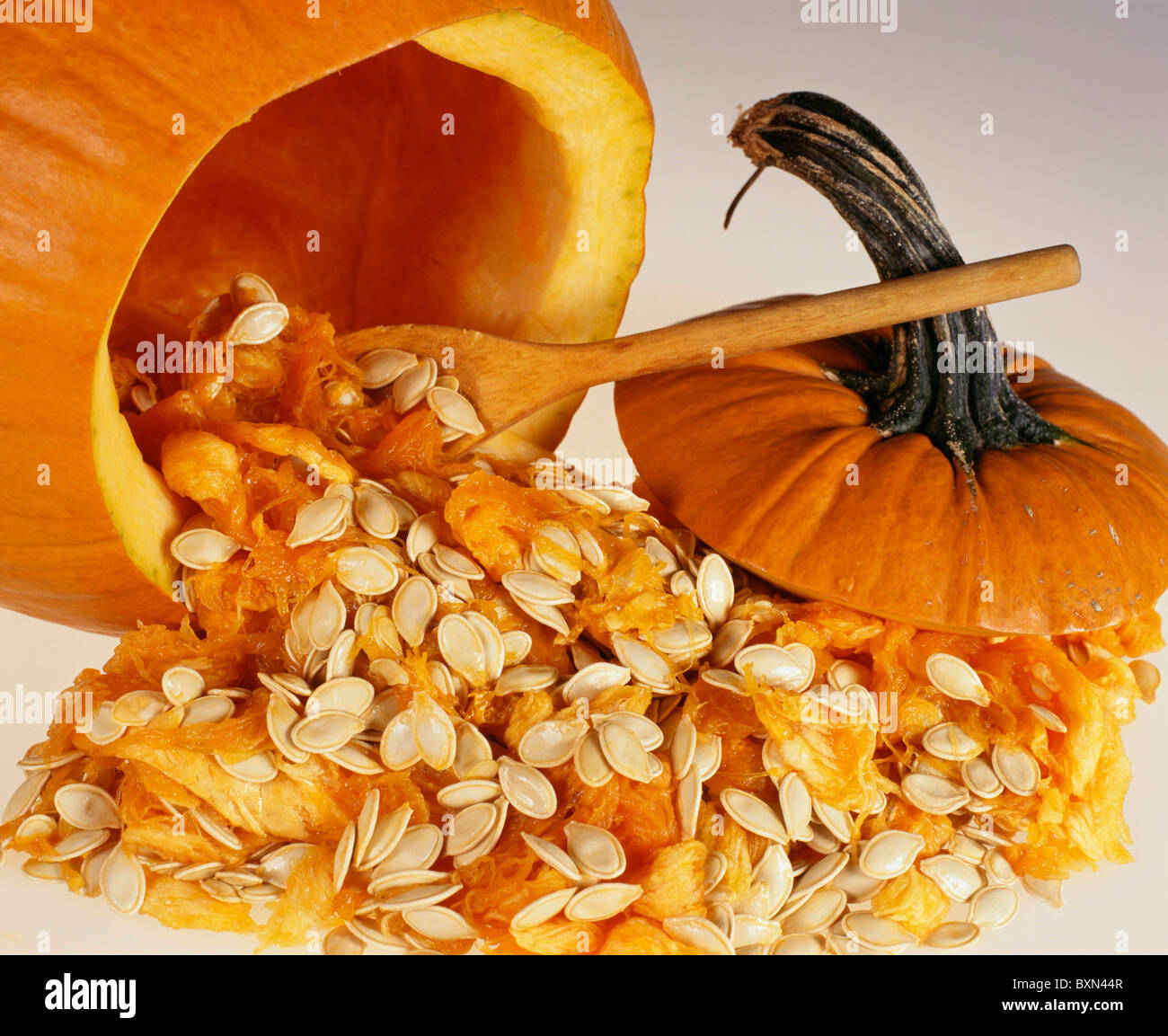 PUMPKIN SEEDS SCOOPED FROM JACKOLANTERN PUMPKIN WITH WOODEN SPOON