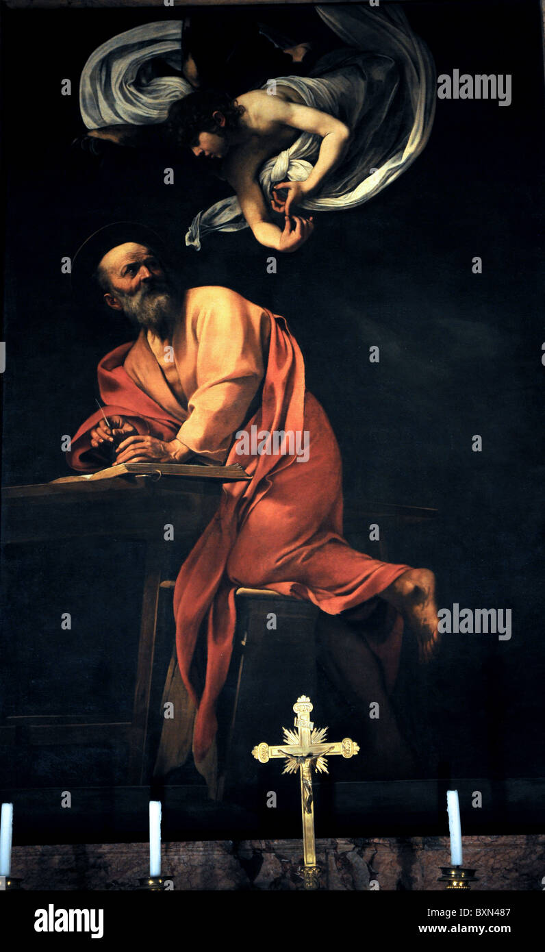 Caravaggio The Inspiration of Saint Matthew painting in the Contarelli Chapel Rome Italy San Luigi dei Francesi Stock Photo