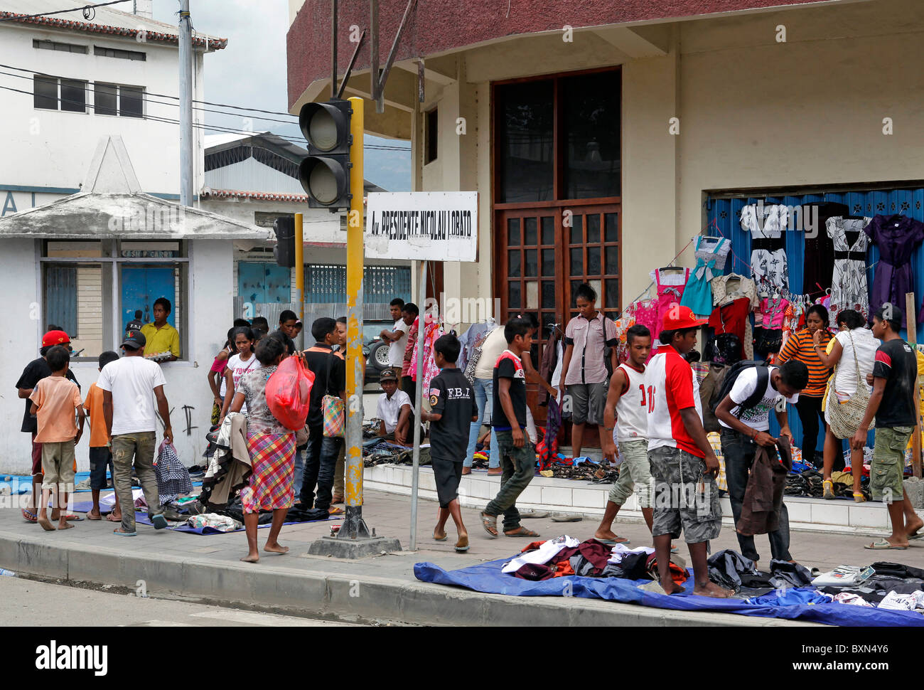 Second hand clothes are beeing sold in the Colmera commercial district of Dili capital of Timor Leste (East Timor) Stock Photo