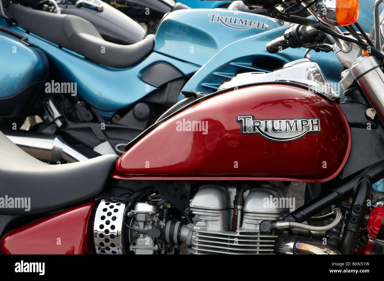 Triumph motorcycles on display at the annual Boxing Day vintage and custom vehicle show, Wickham, Hampshire, England. Stock Photo