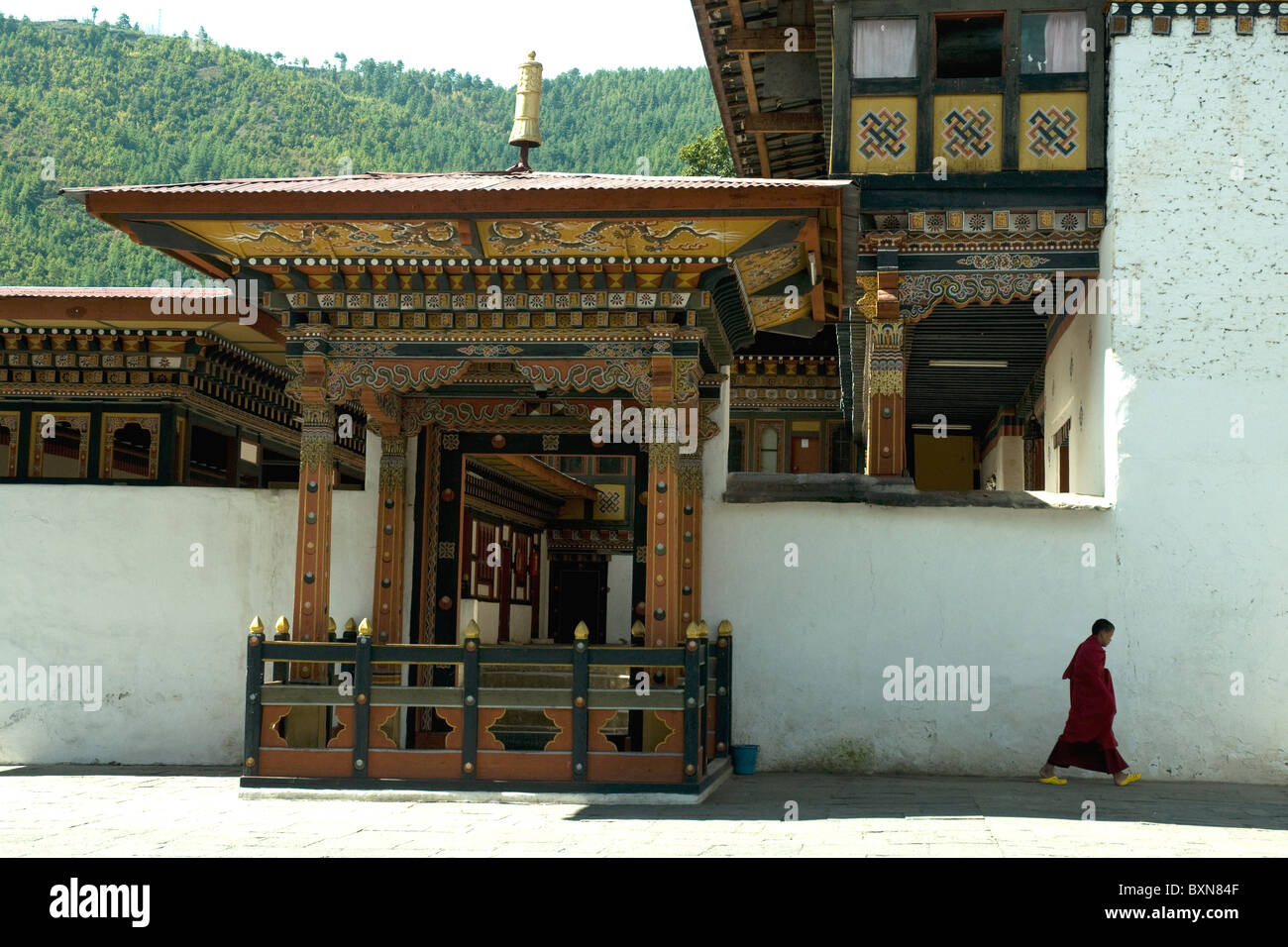 Inside the vast Thimpu dzong, or fortress; Bhutan's traditional art and architecture are closely related to Tibetan Buddhism Stock Photo