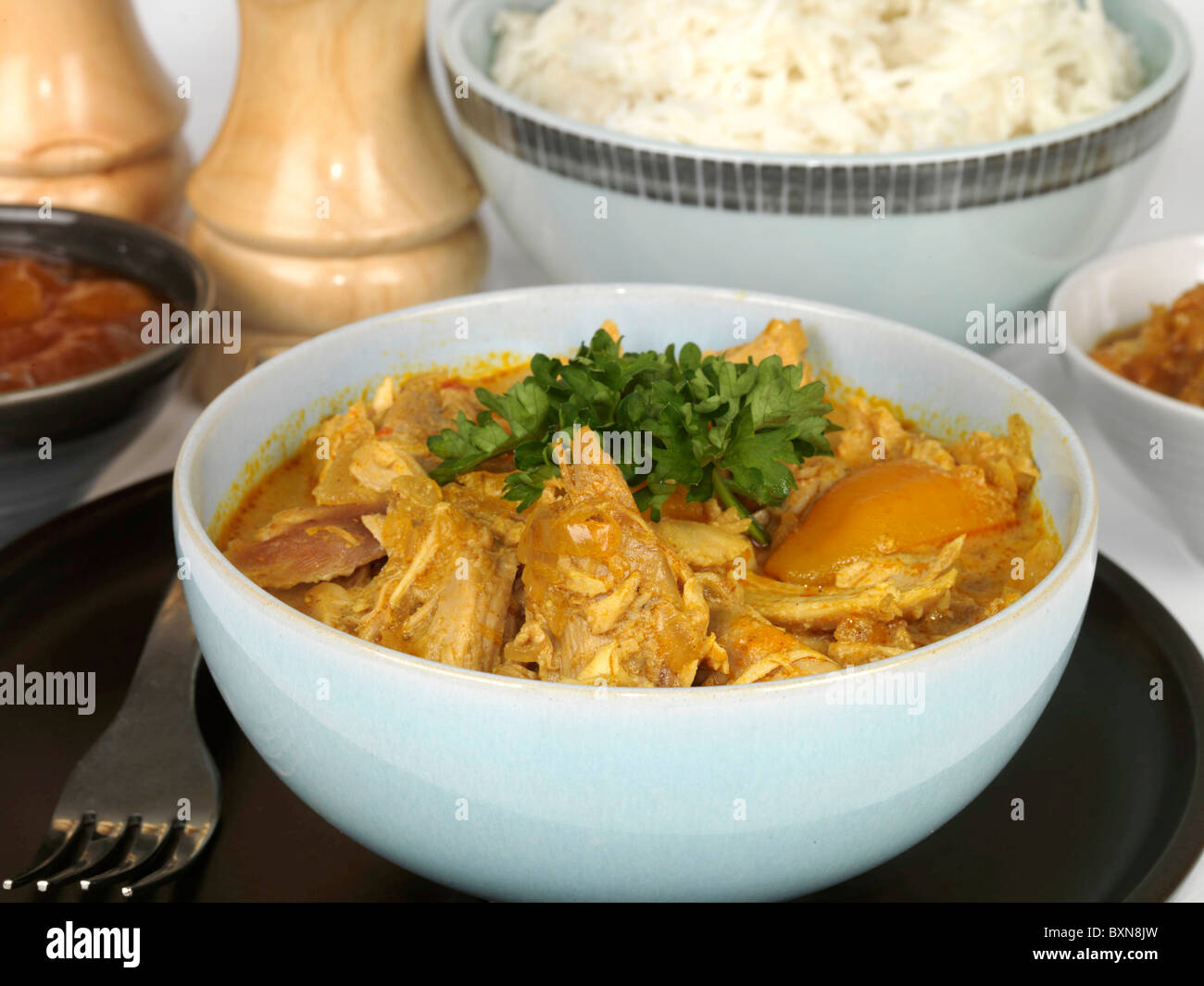 Christmas Left Overs Turkey Curry with Rice To Use Up Food Left From A Christmas Lunch Or Dinner With No People Reducing Food Waste Stock Photo