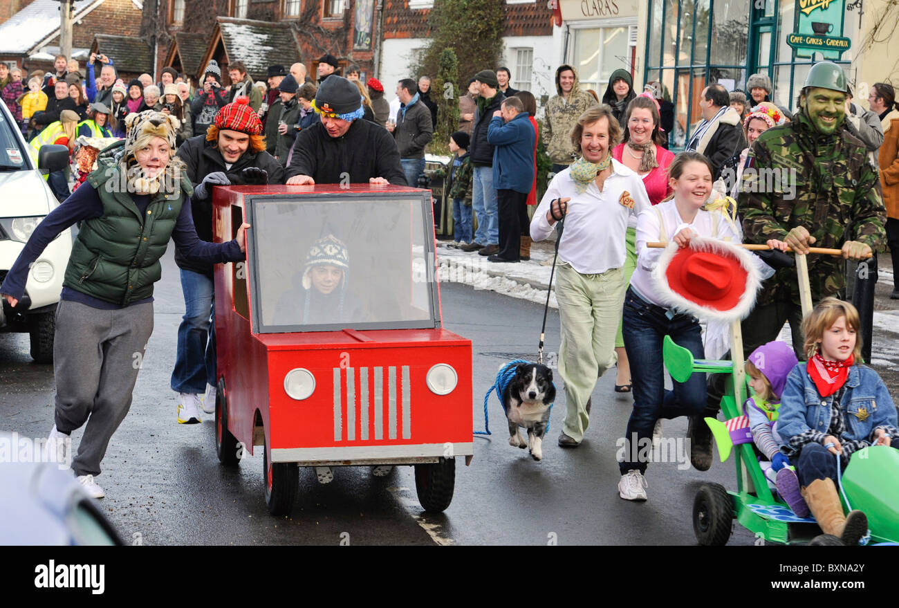 East Sussex, UK East Hoathly Boxing Day Pram Race. Teams in fancy