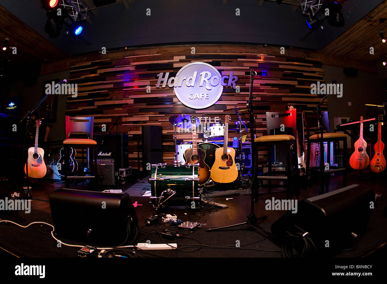 Guitars on stage at the Hard Rock Cafe in Seattle Stock Photo