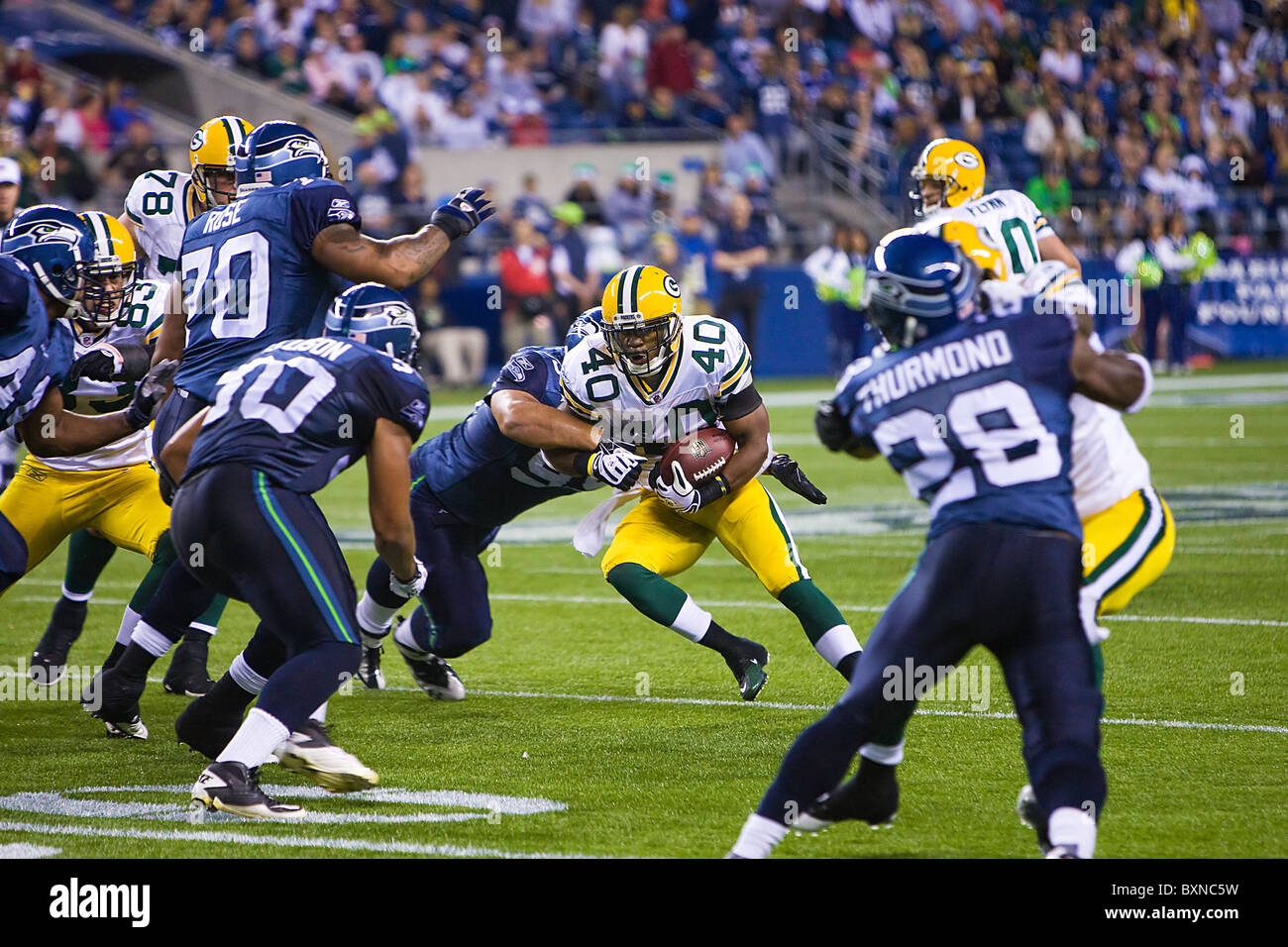 Seattle Seahawks playing the Green Bay Packers during and NFL football game Stock Photo