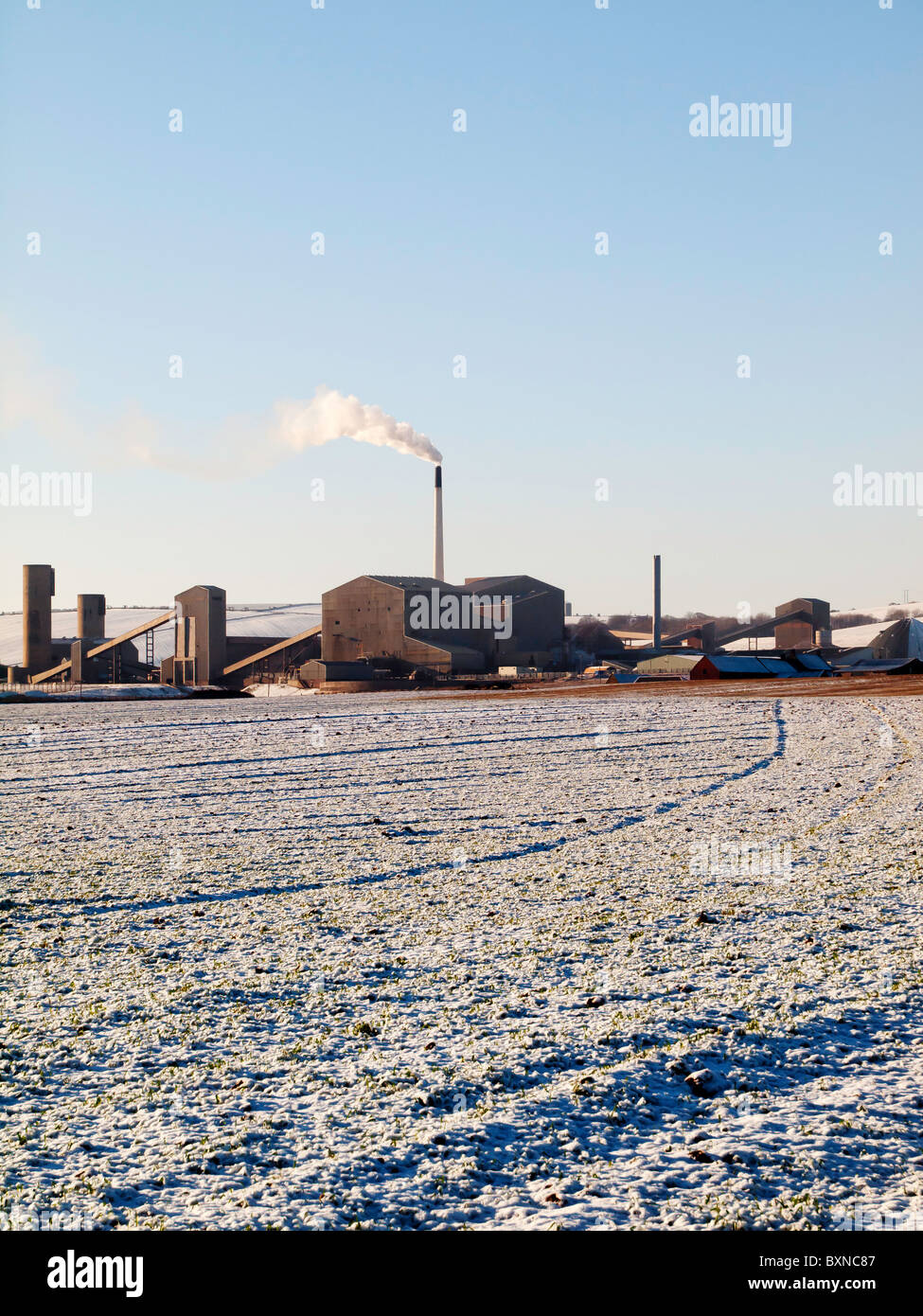Boulby mine North Yorkshire in winter.  The mine produces potash and also salt for winter road clearance Stock Photo