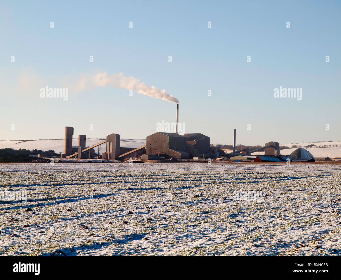 Boulby mine North Yorkshire in winter.  The mine produces potash and also salt for winter road clearance Stock Photo