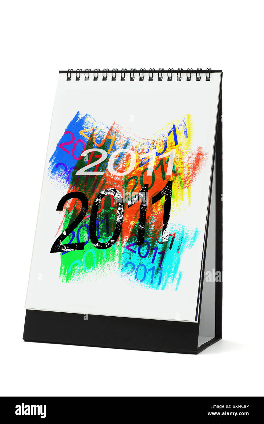 Desktop calendar with abstract artwork 2011 on white background (illustration on calendar page is an original work) Stock Photo