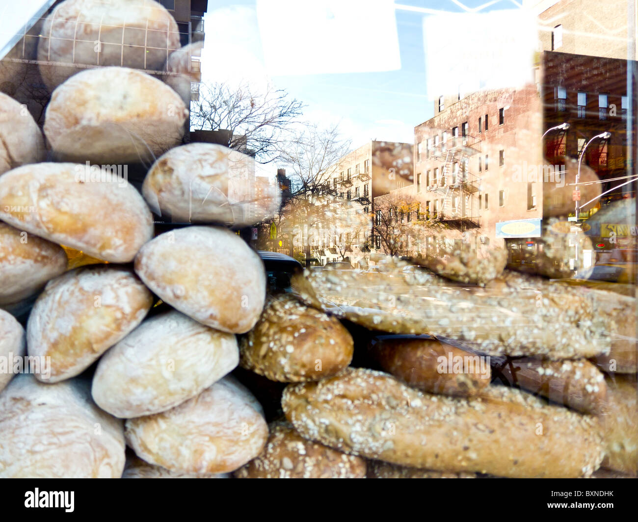 Loaves of bread as seen through a store window in Manhatten Upper East
