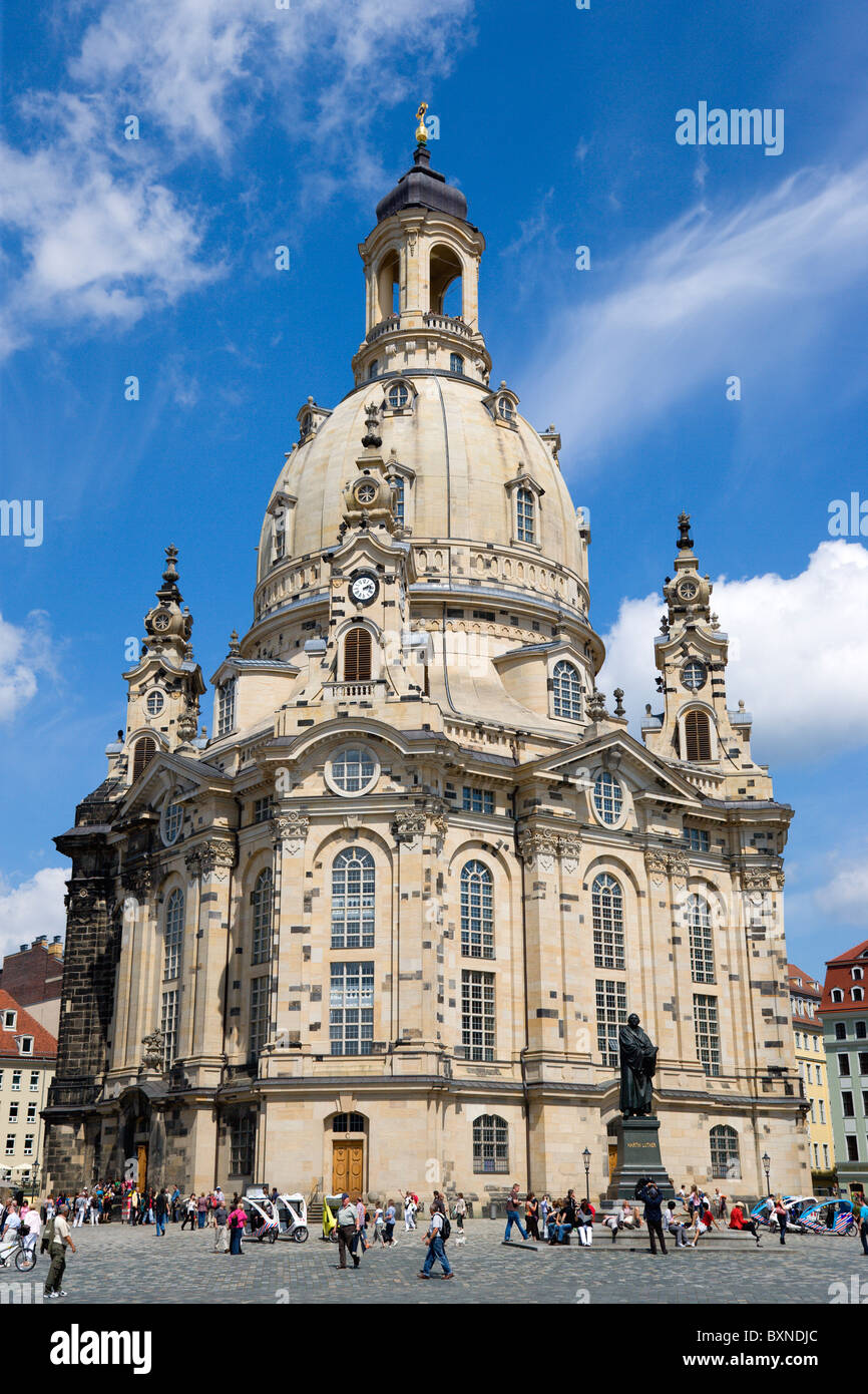 GERMANY Saxon Dresden Restored Baroque Frauenkirch Church of Our Lady and surrounding restored buildings in Neumarkt Square Stock Photo