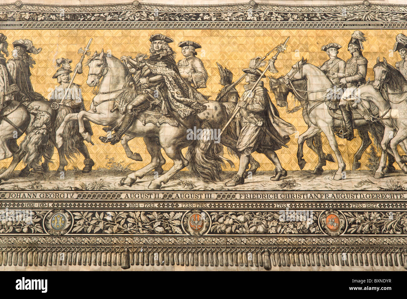 GERMANY Saxony Dresden Meissen tile mural Fürstenzug or Procession of Dukes in Auguststrasse showing August II and August III Stock Photo