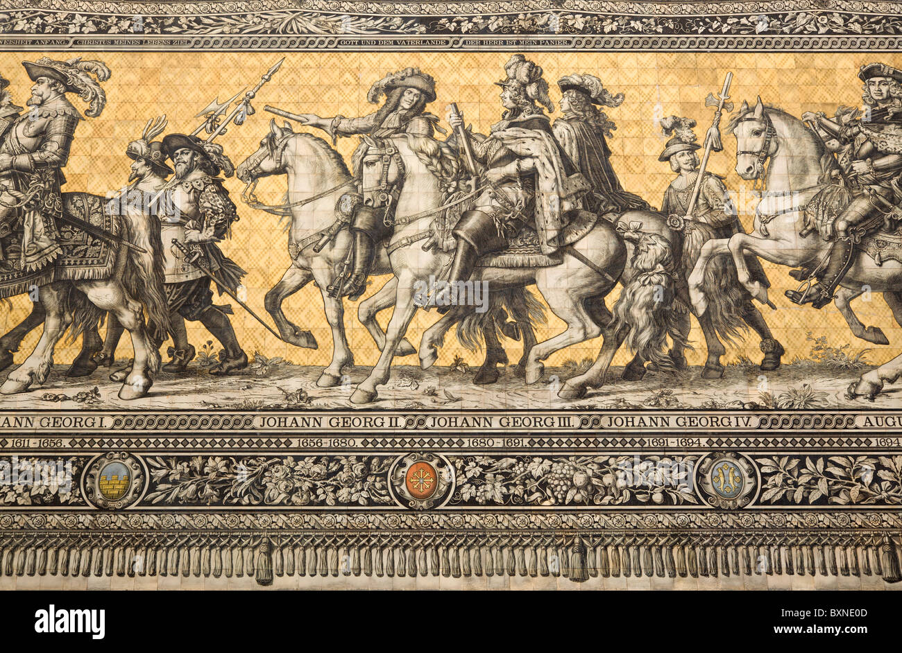 GERMANY Saxony Dresden Meissen tile mural Fürstenzug or Procession of Dukes in Auguststrasse showing Johann George II III and IV Stock Photo